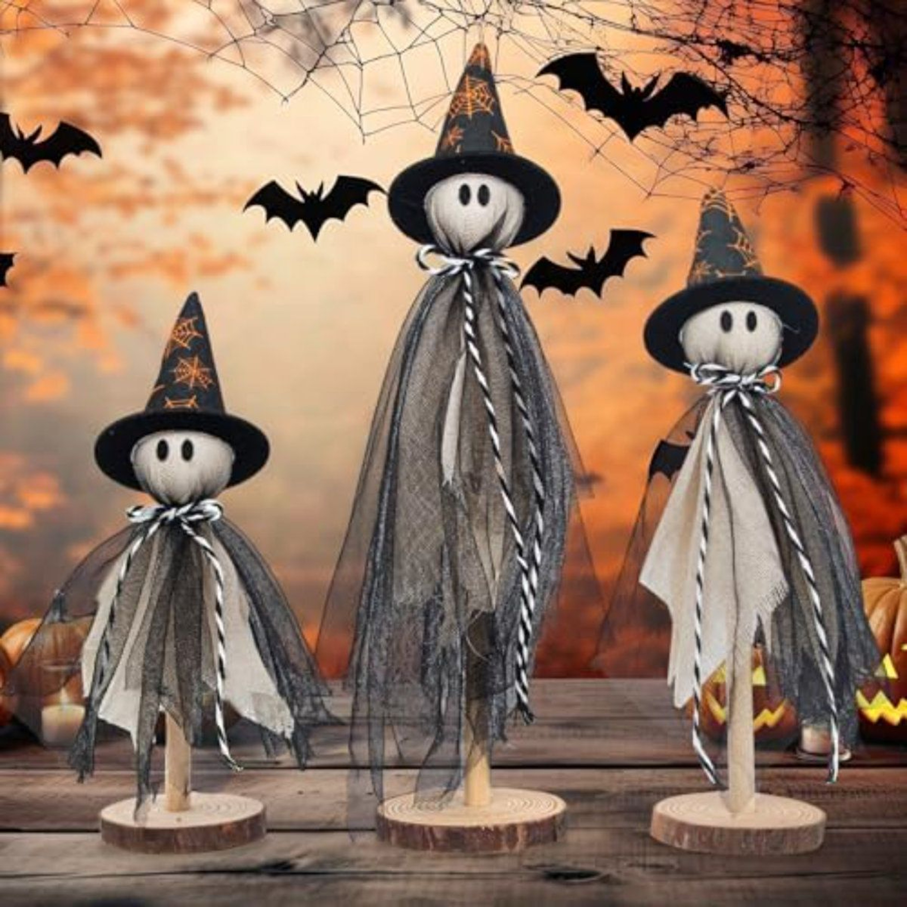 Halloween Ghost Shelf Sitters With Witch Hats And Spiderweb Design 0