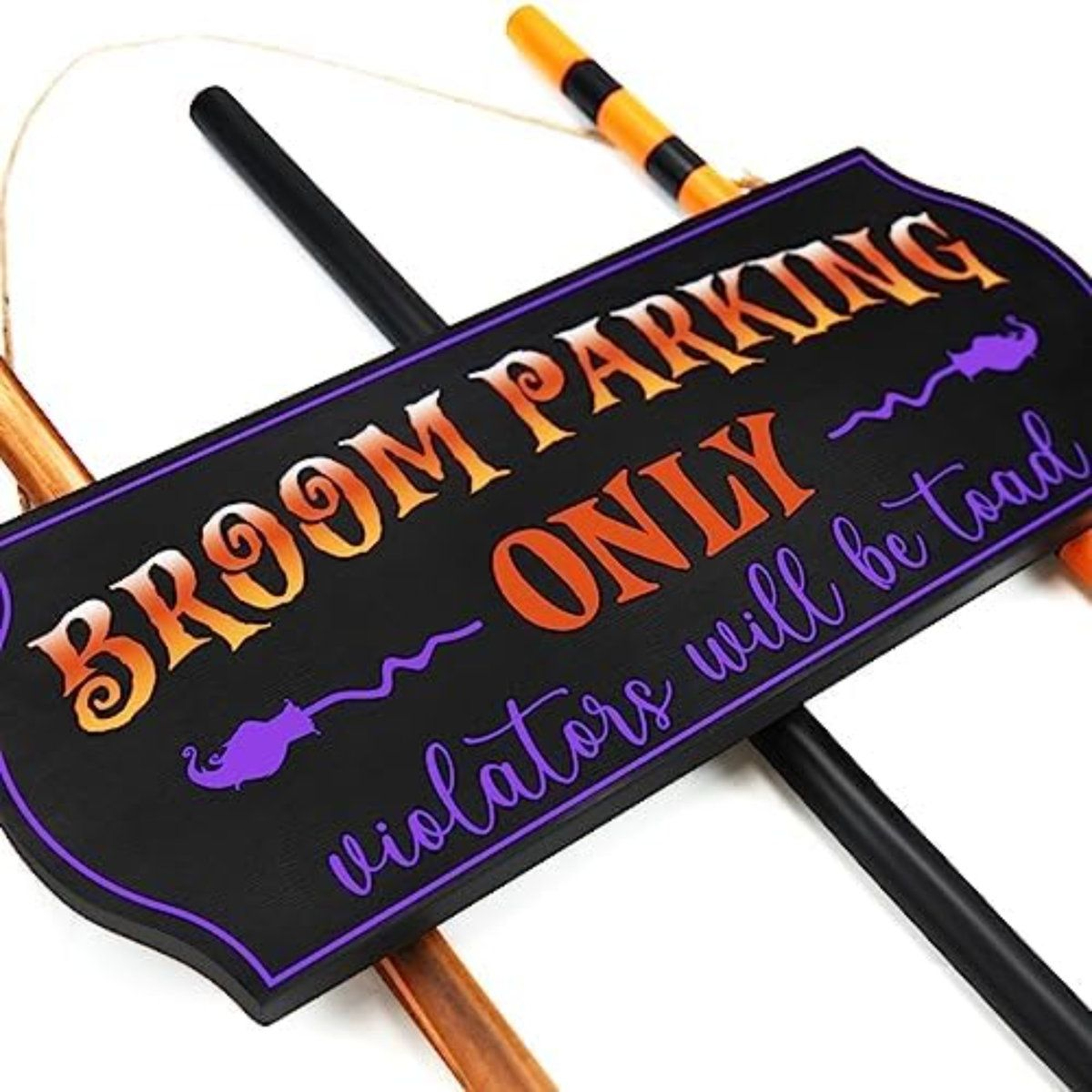 Halloween Witch Broom Parking Sign With 3 Wooden Brooms For Porch Decor 1