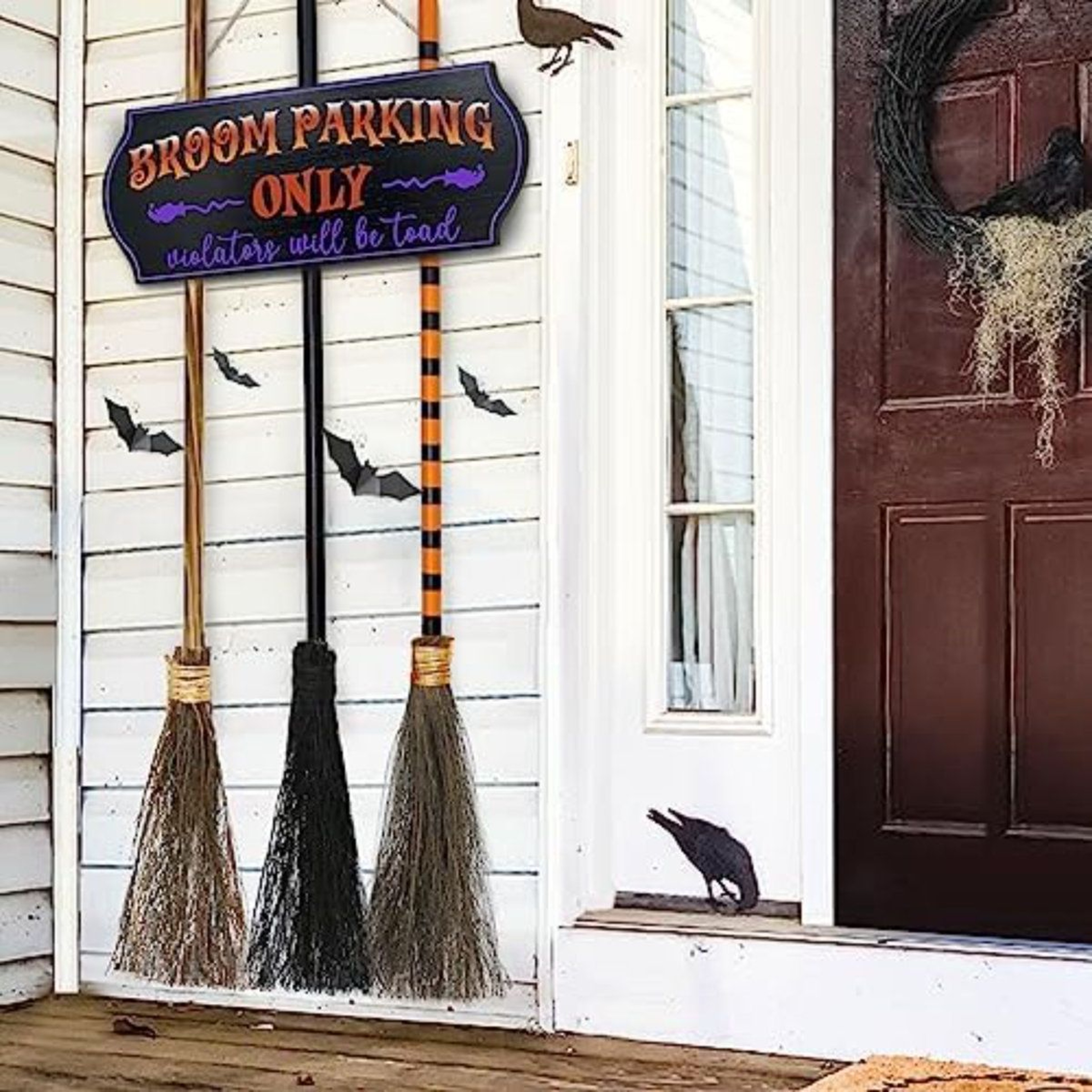 Halloween Witch Broom Parking Sign With 3 Wooden Brooms For Porch Decor 0