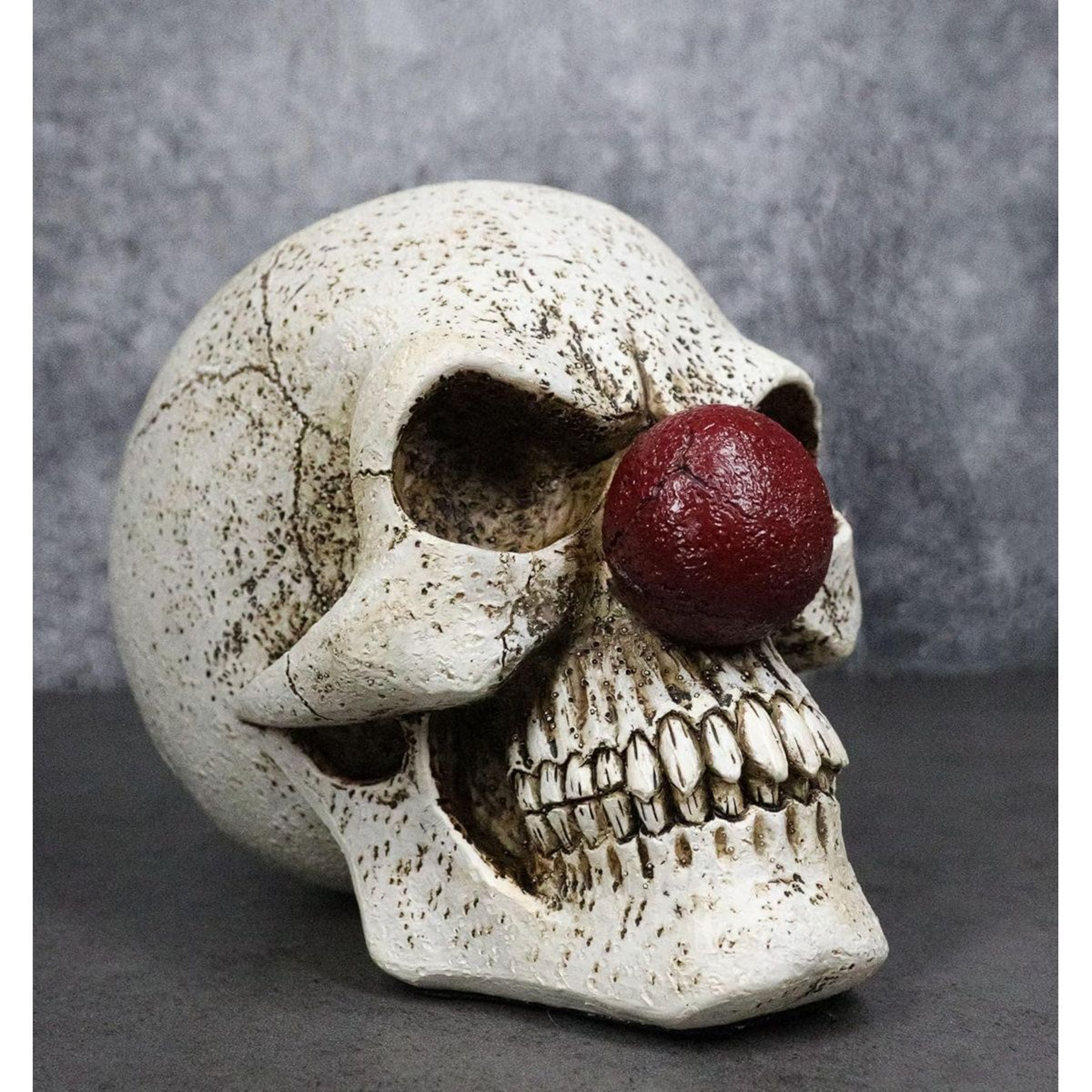Creepy Halloween Clown Skull Figurine With Maroon Nose And Harlequin Design 3