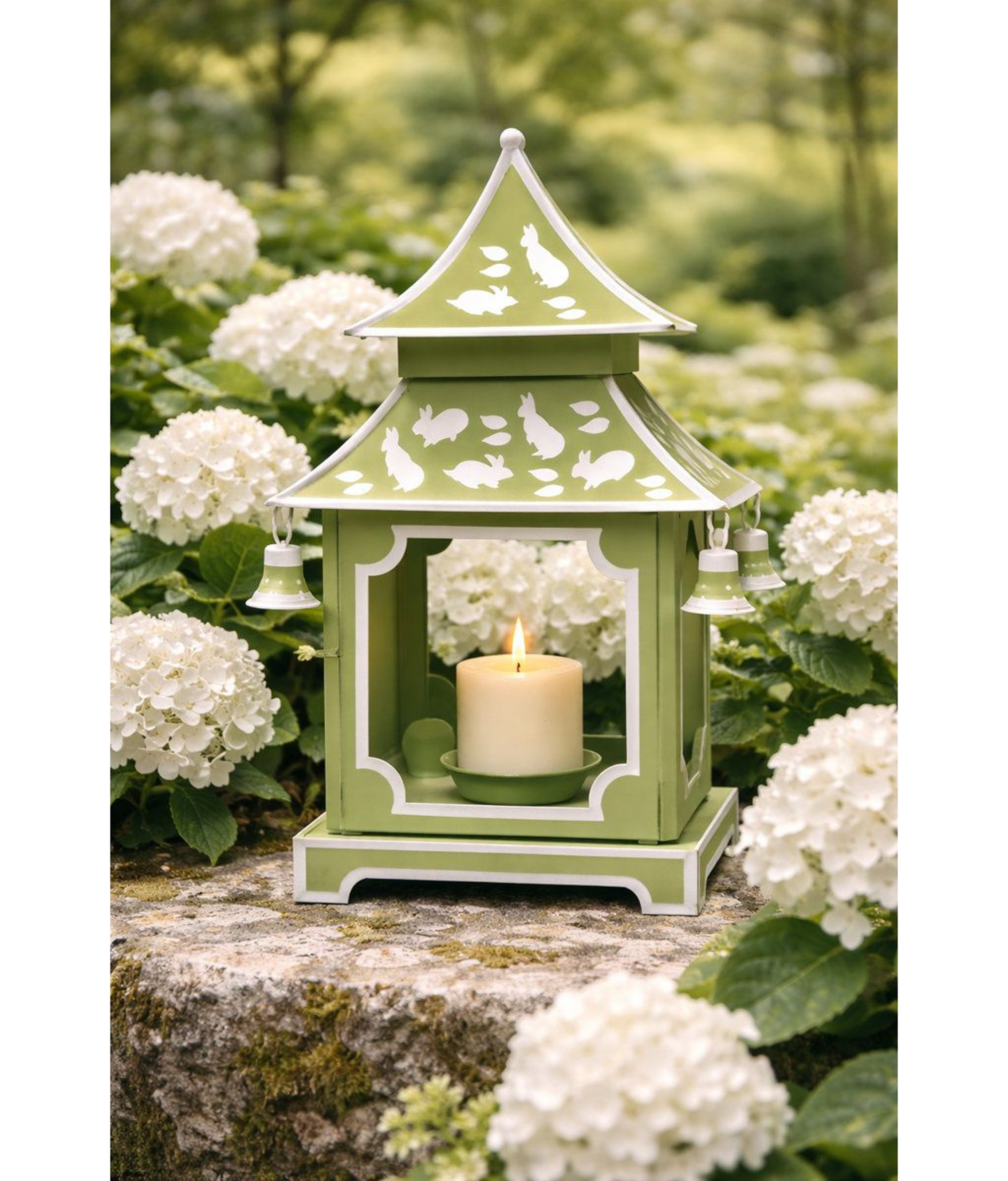 11Inch Metal Pagoda Tabletop Lantern With Floral Design And Hanging Bells 1