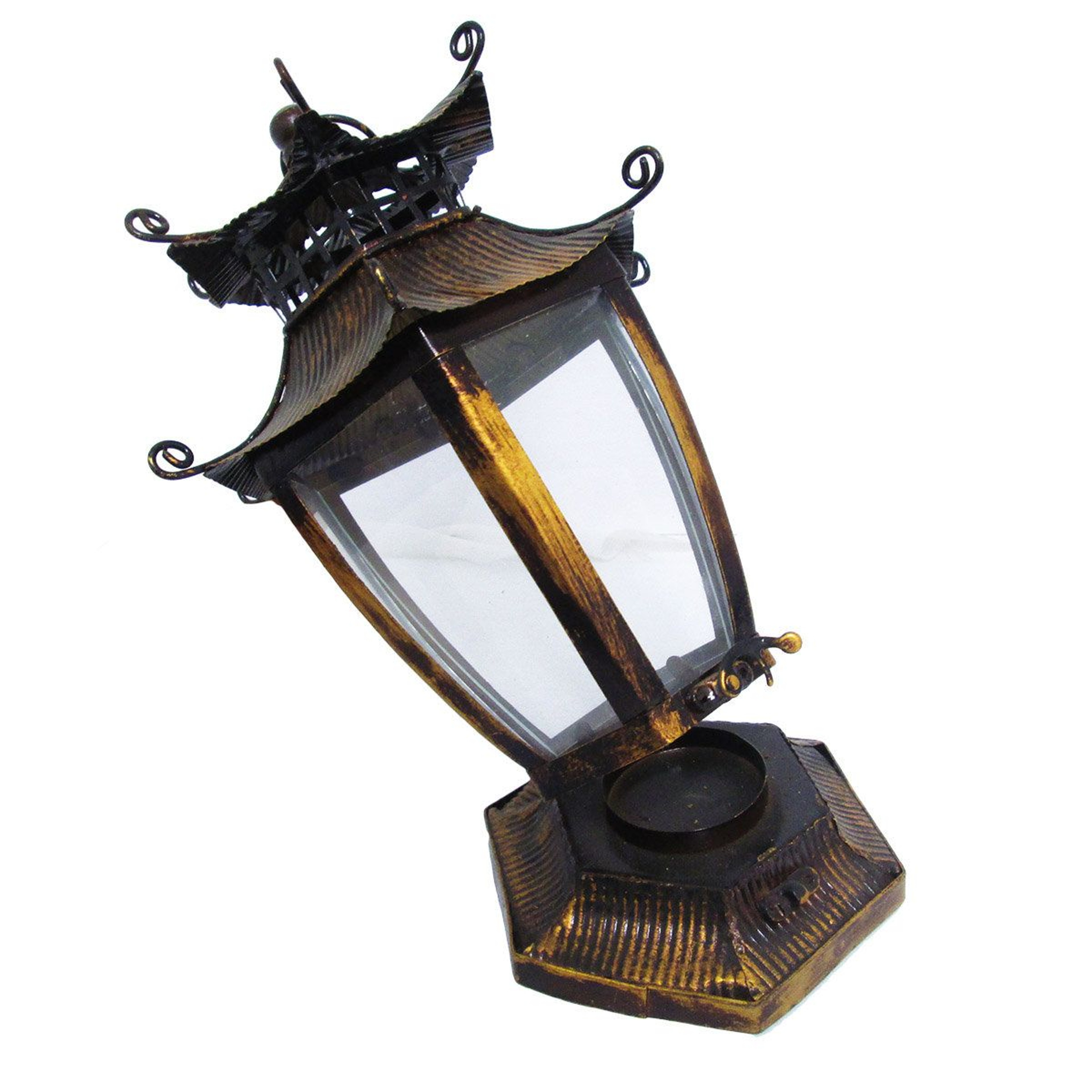 Vintage Brown Metal Tabletop Lantern With Glass Panels  115 Inch 2