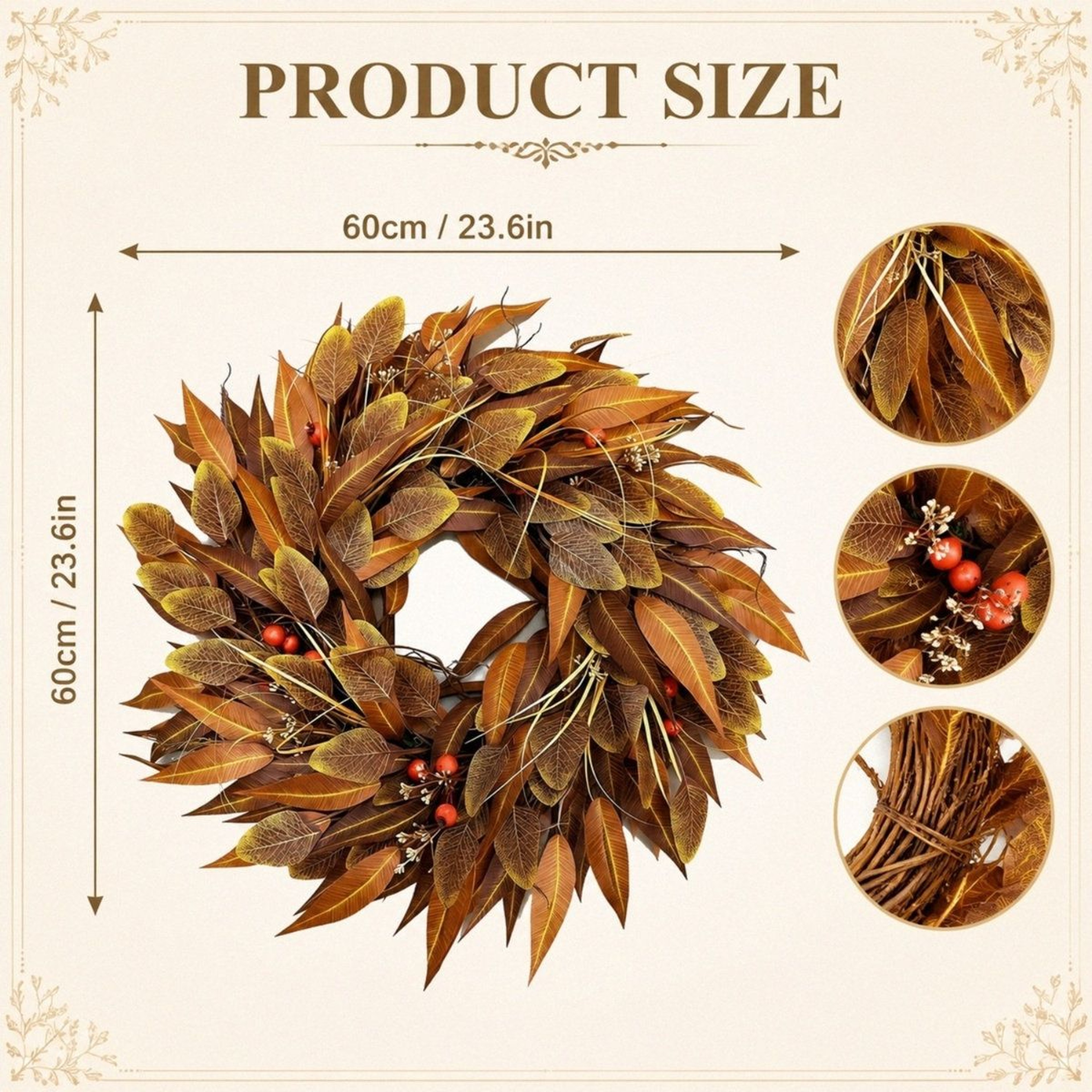 24Inch Artificial Eucalyptus Wreath  Orange Fall Front Door Decoration 2