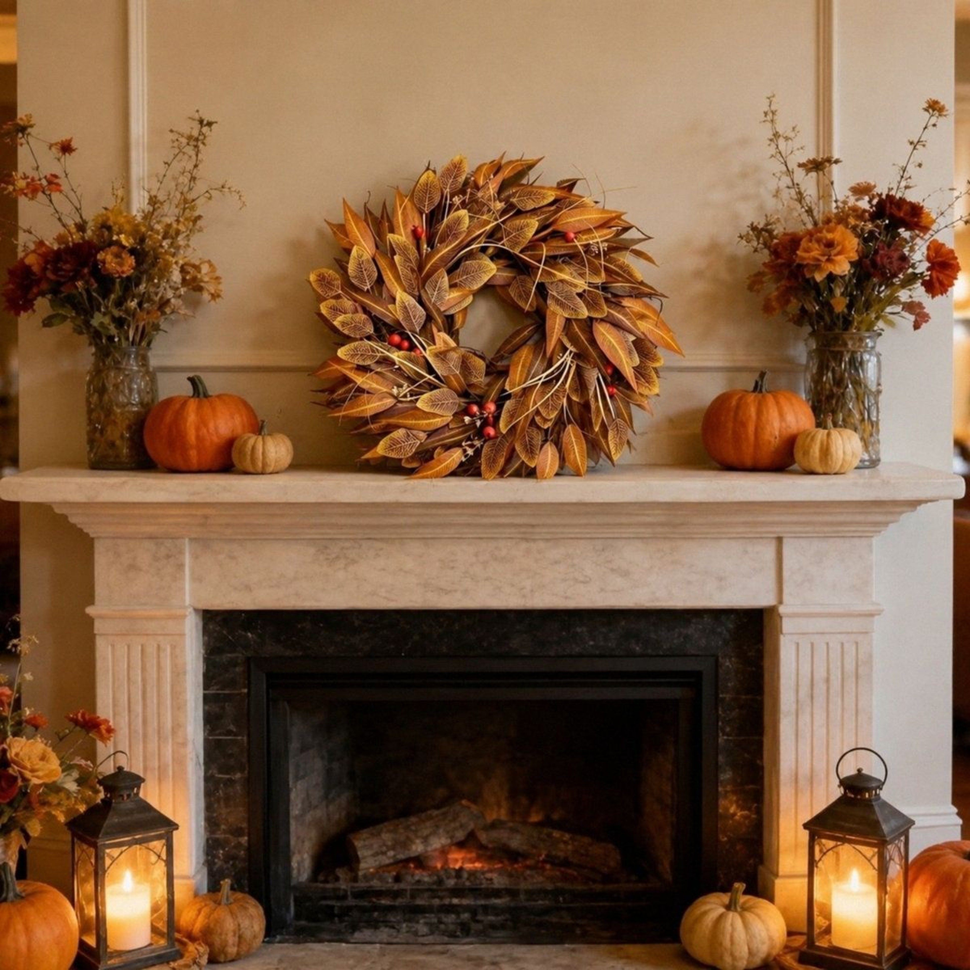 24Inch Artificial Eucalyptus Wreath  Orange Fall Front Door Decoration 1