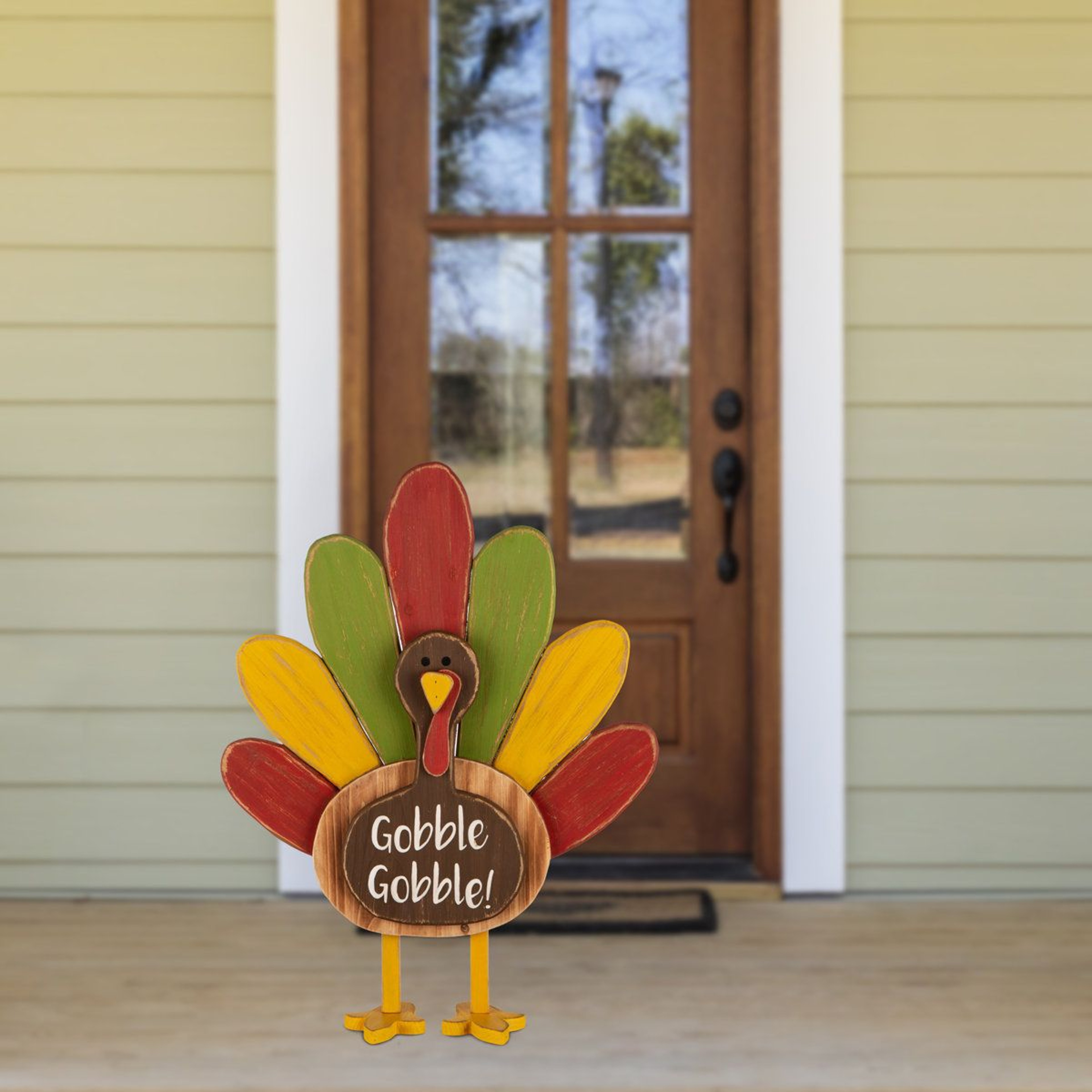 Thanksgiving Wooden Turkey Standing Decor With Colorful Tail And Gobble Sign 1