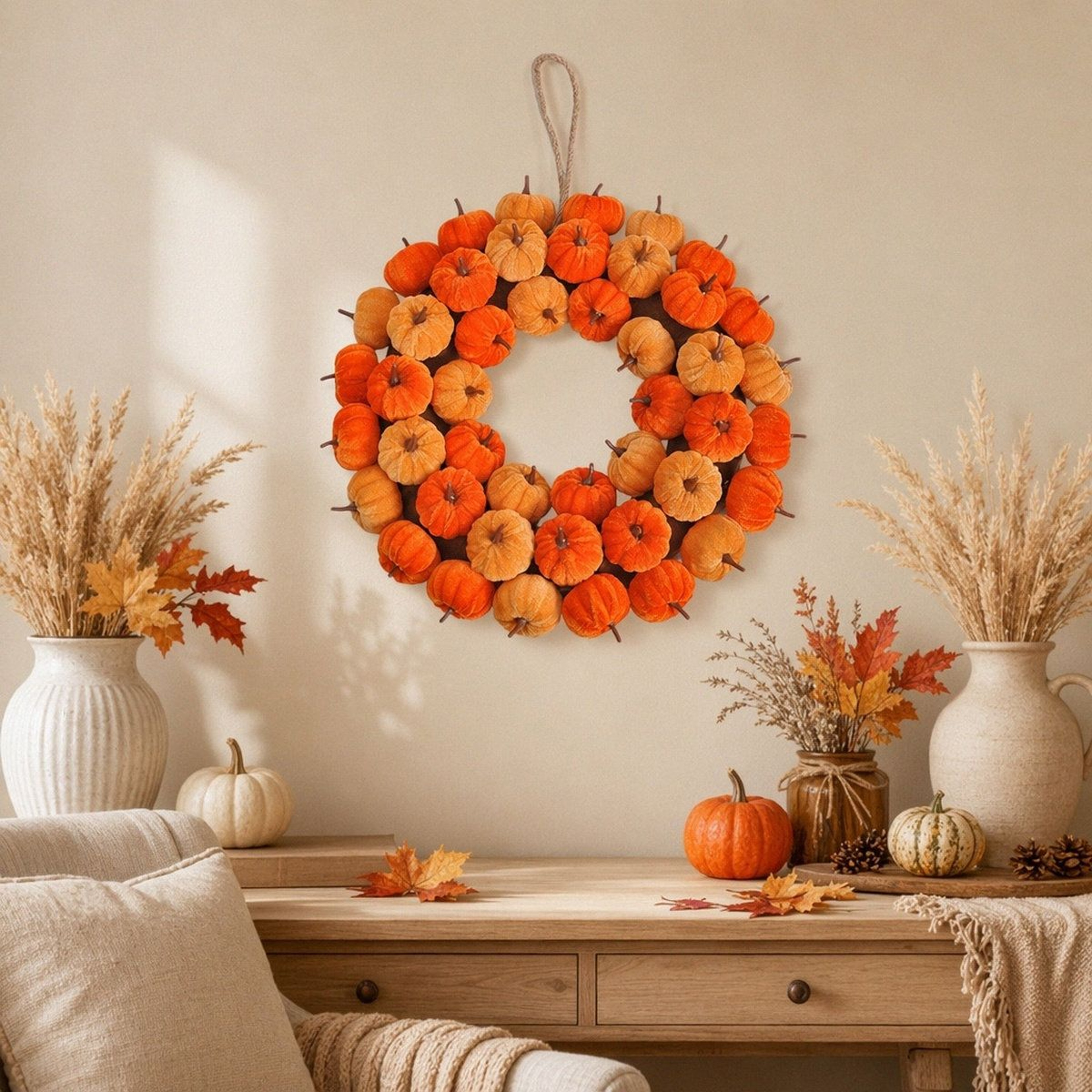 Artificial Fall Pumpkin Wreath For Thanksgiving And Autumn Door Decor 1