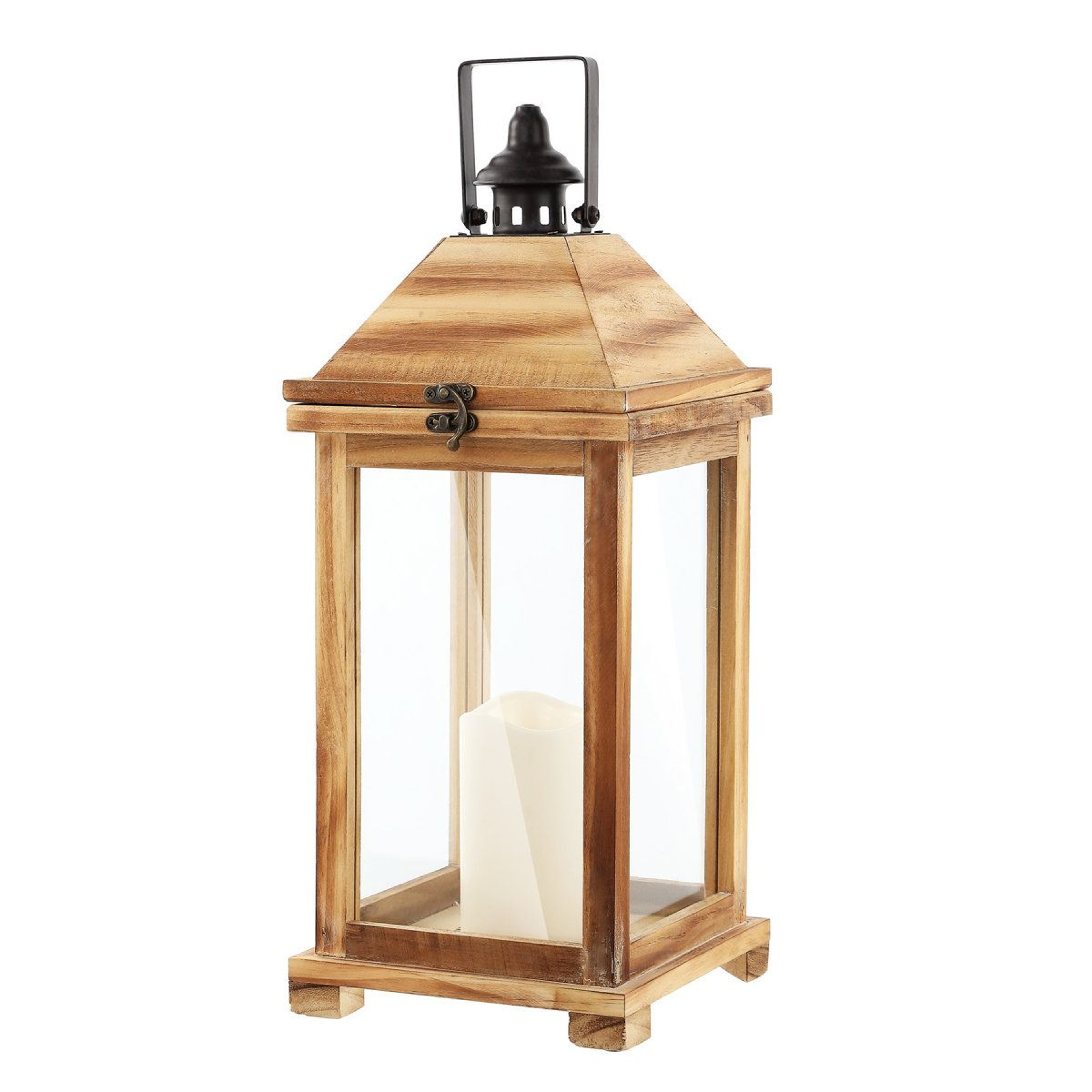 Battery Powered Outdoor Lantern With Solid Wood Frame And Flameless Candle 3