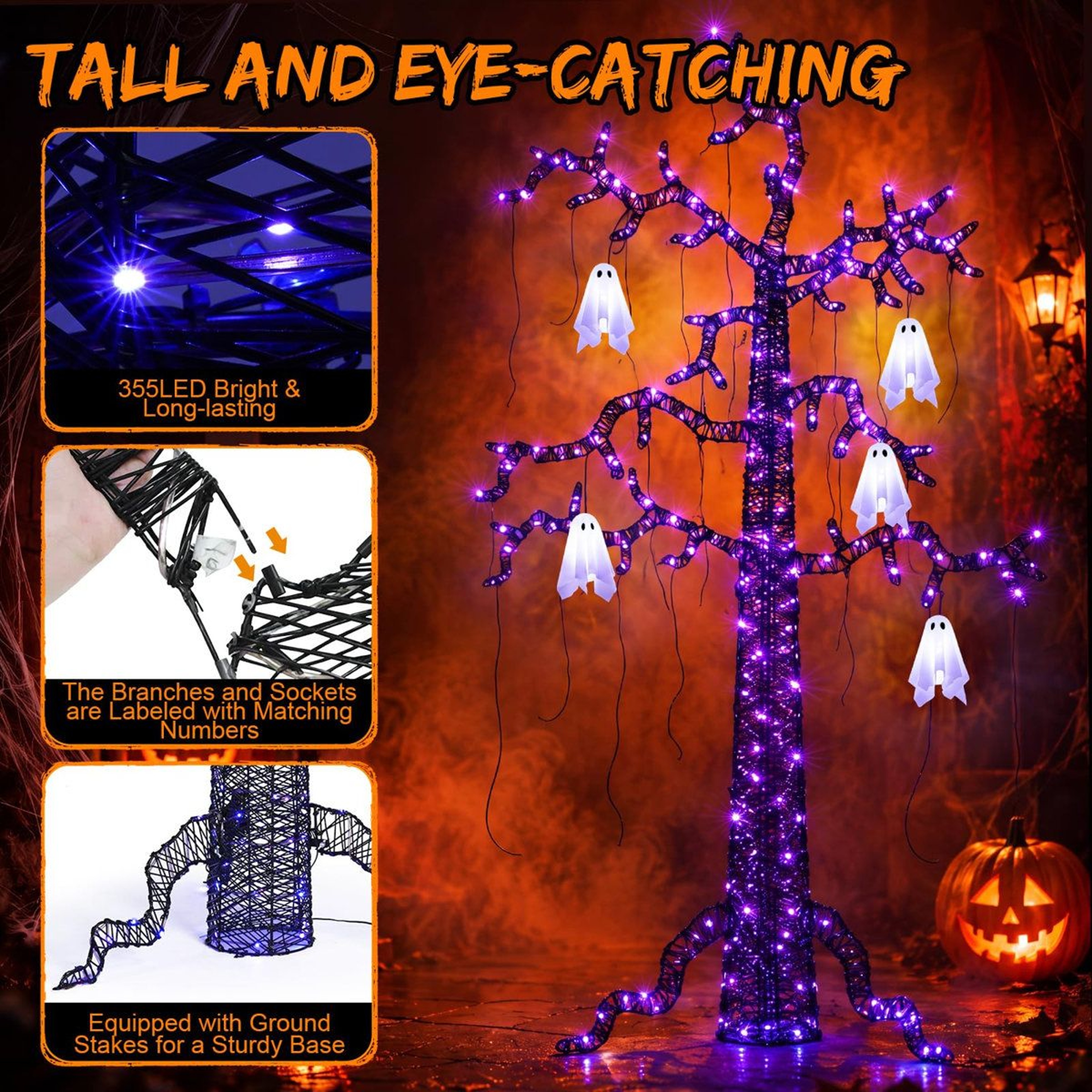 8FT Lighted Halloween Tree With 355 Purple LED Lights And Hanging Ghosts 3