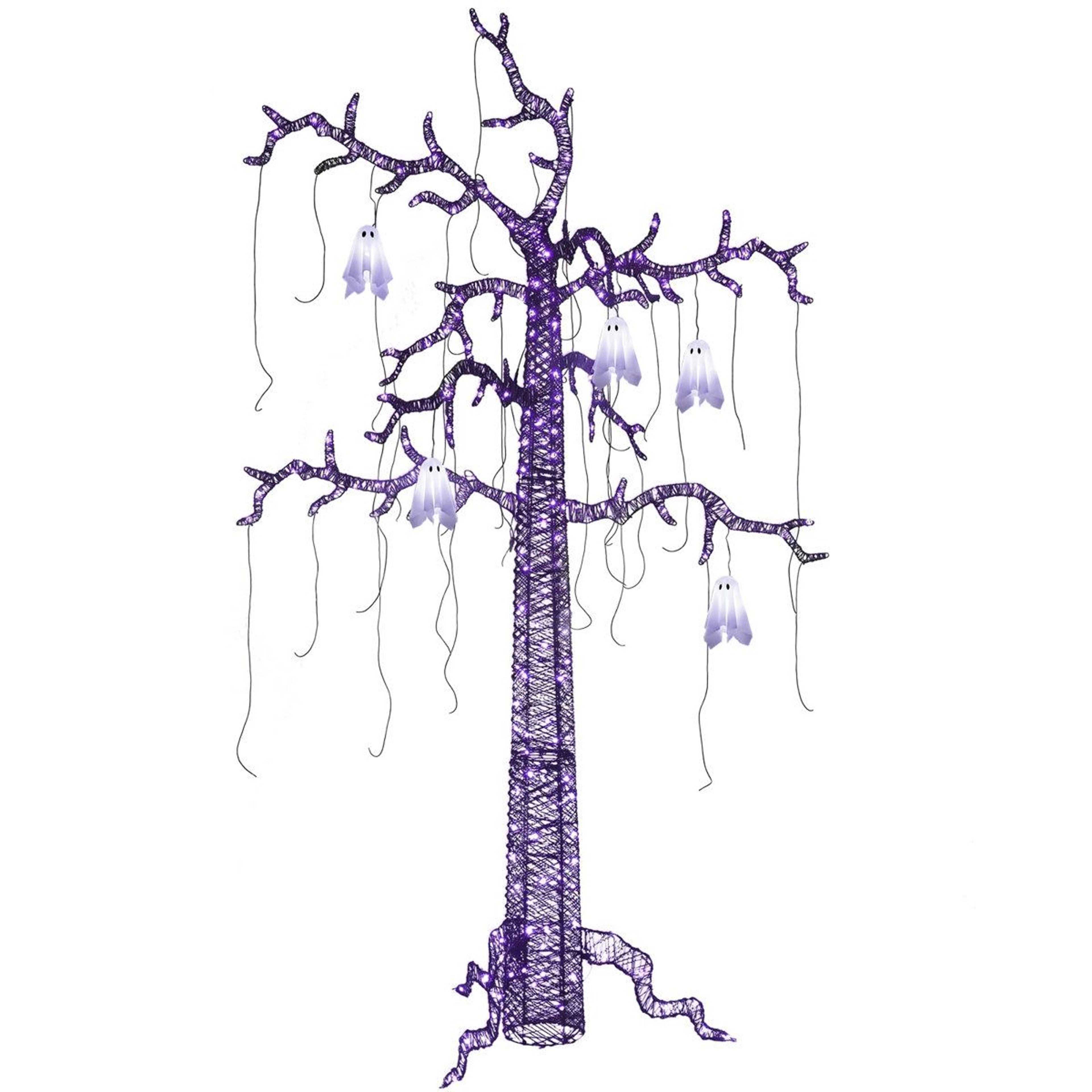 8FT Lighted Halloween Tree With 355 Purple LED Lights And Hanging Ghosts 0