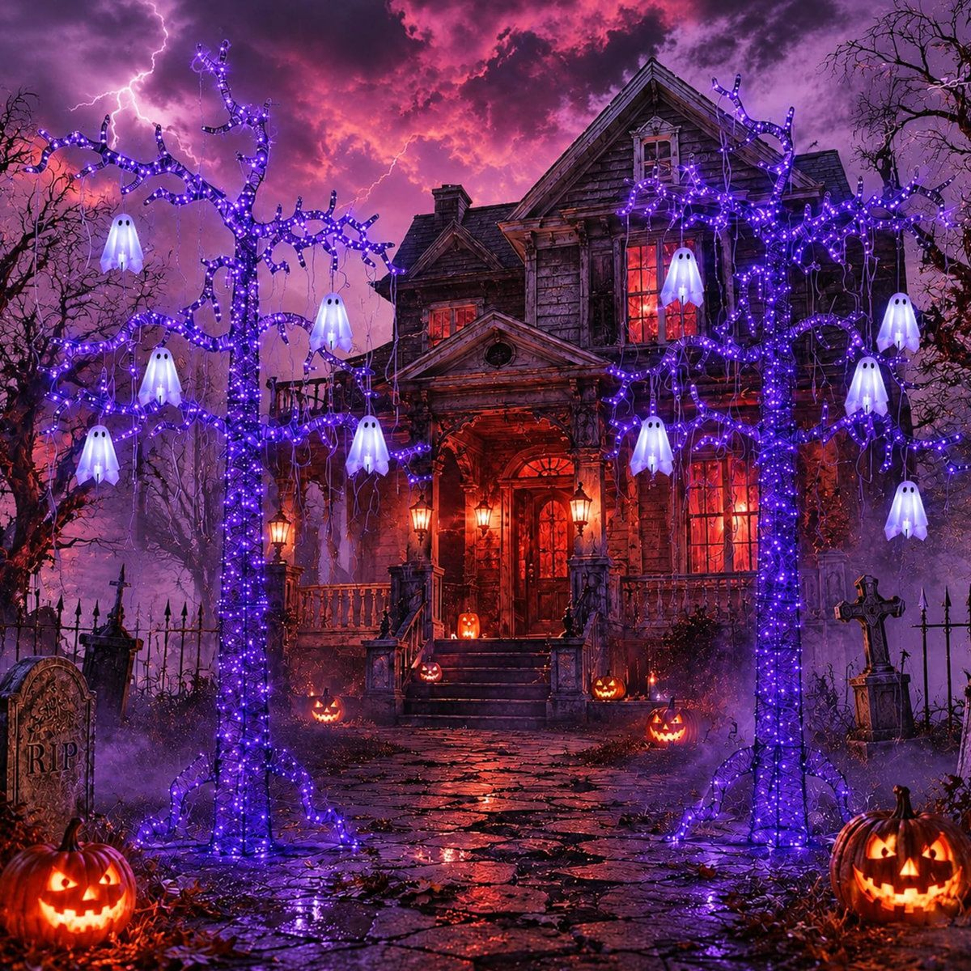 8FT Lighted Halloween Tree With 355 Purple LED Lights And Hanging Ghosts 2
