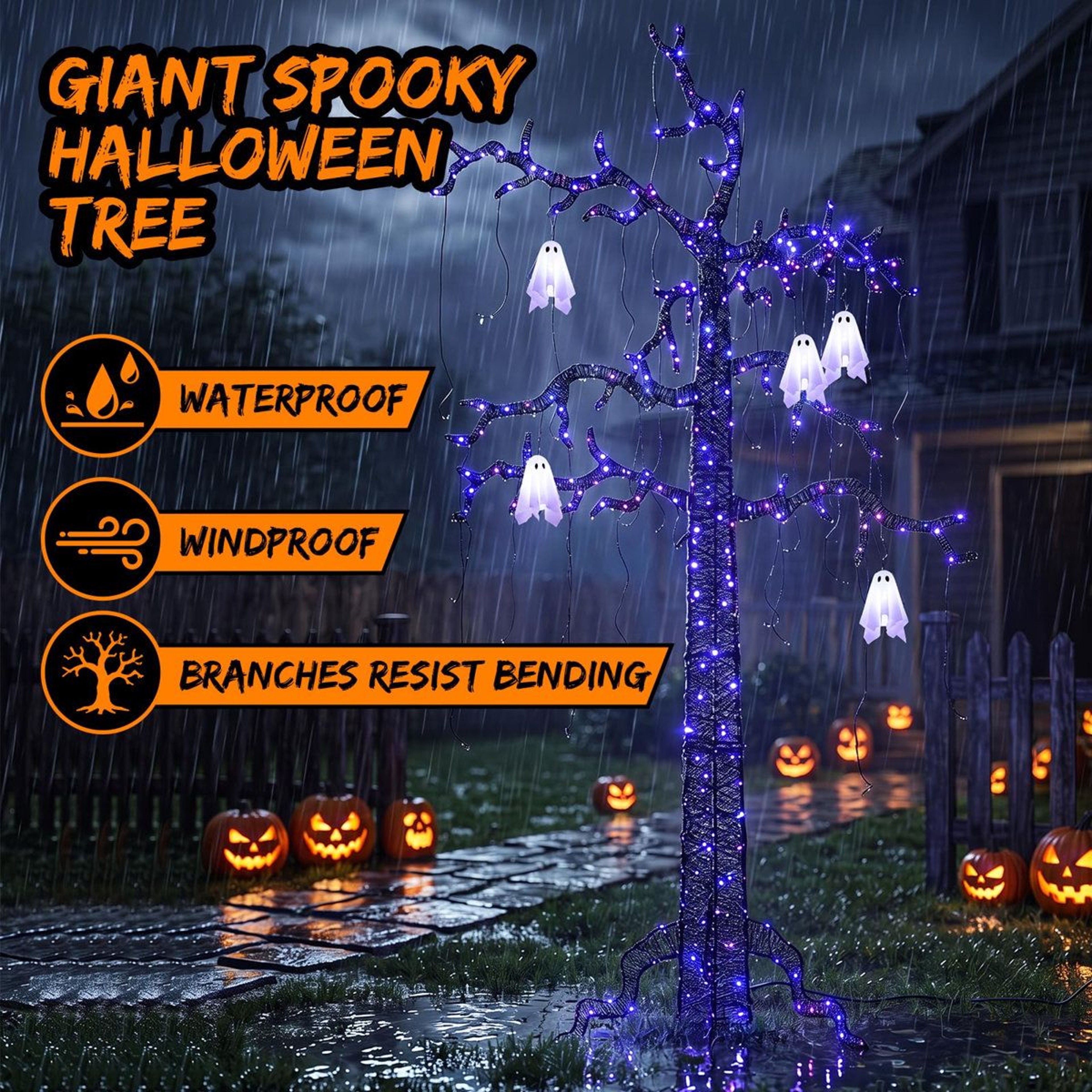 8FT Lighted Halloween Tree With 355 Purple LED Lights And Hanging Ghosts 4
