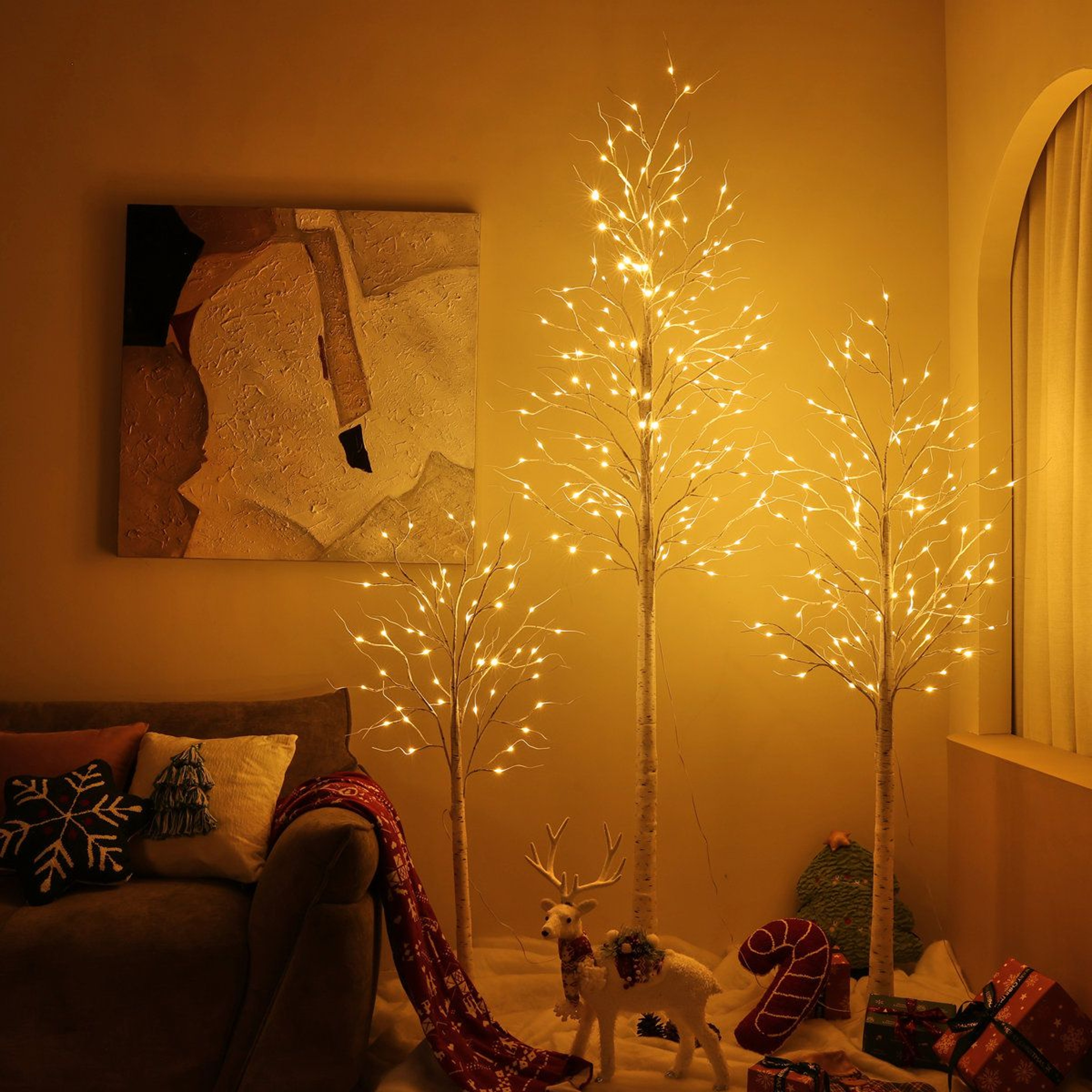 3Piece LED Birch Tree Light Set With Warm White Lights And Bendable Branches  4ft 6ft 8ft 2