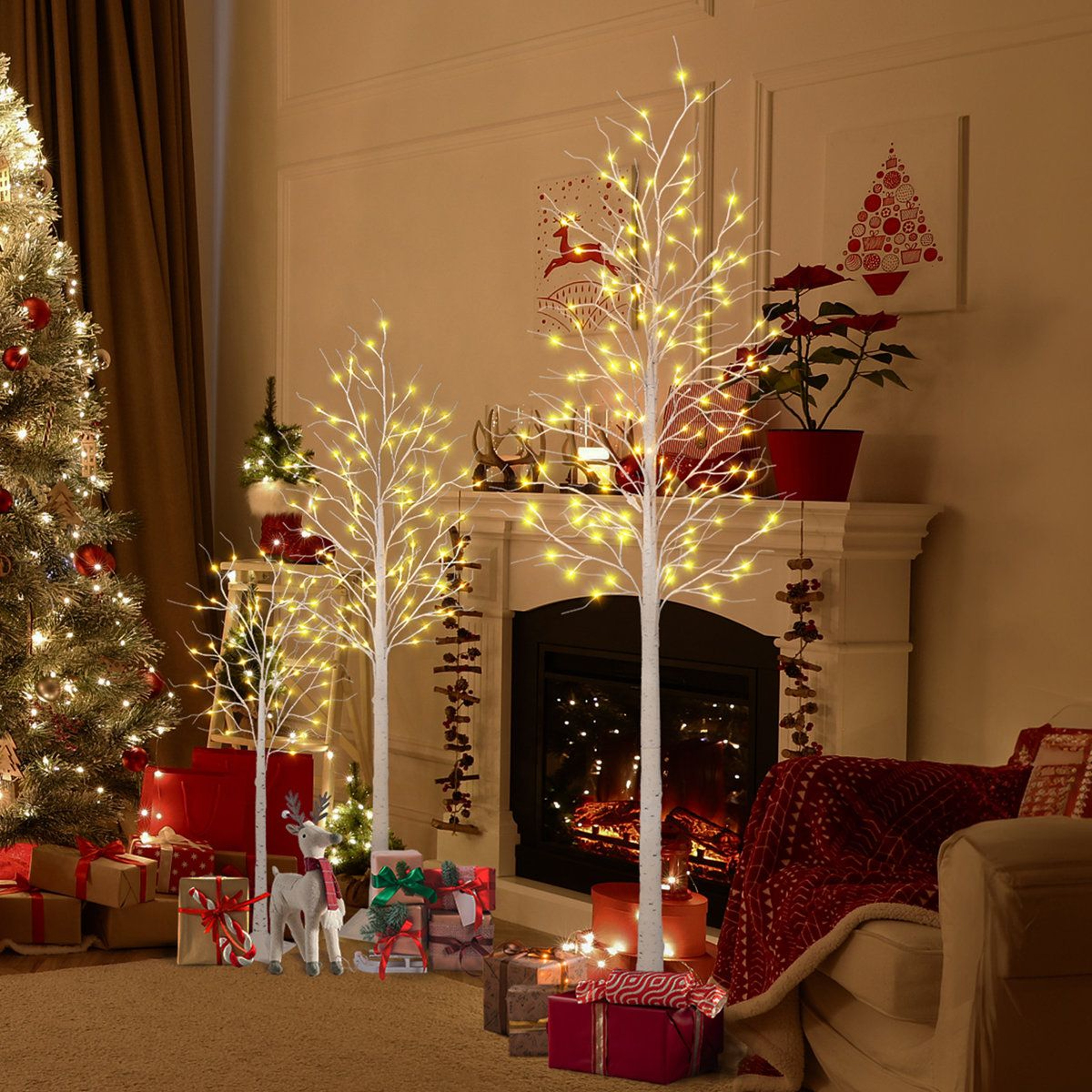 3Piece LED Birch Tree Light Set With Warm White Lights And Bendable Branches  4ft 6ft 8ft 3