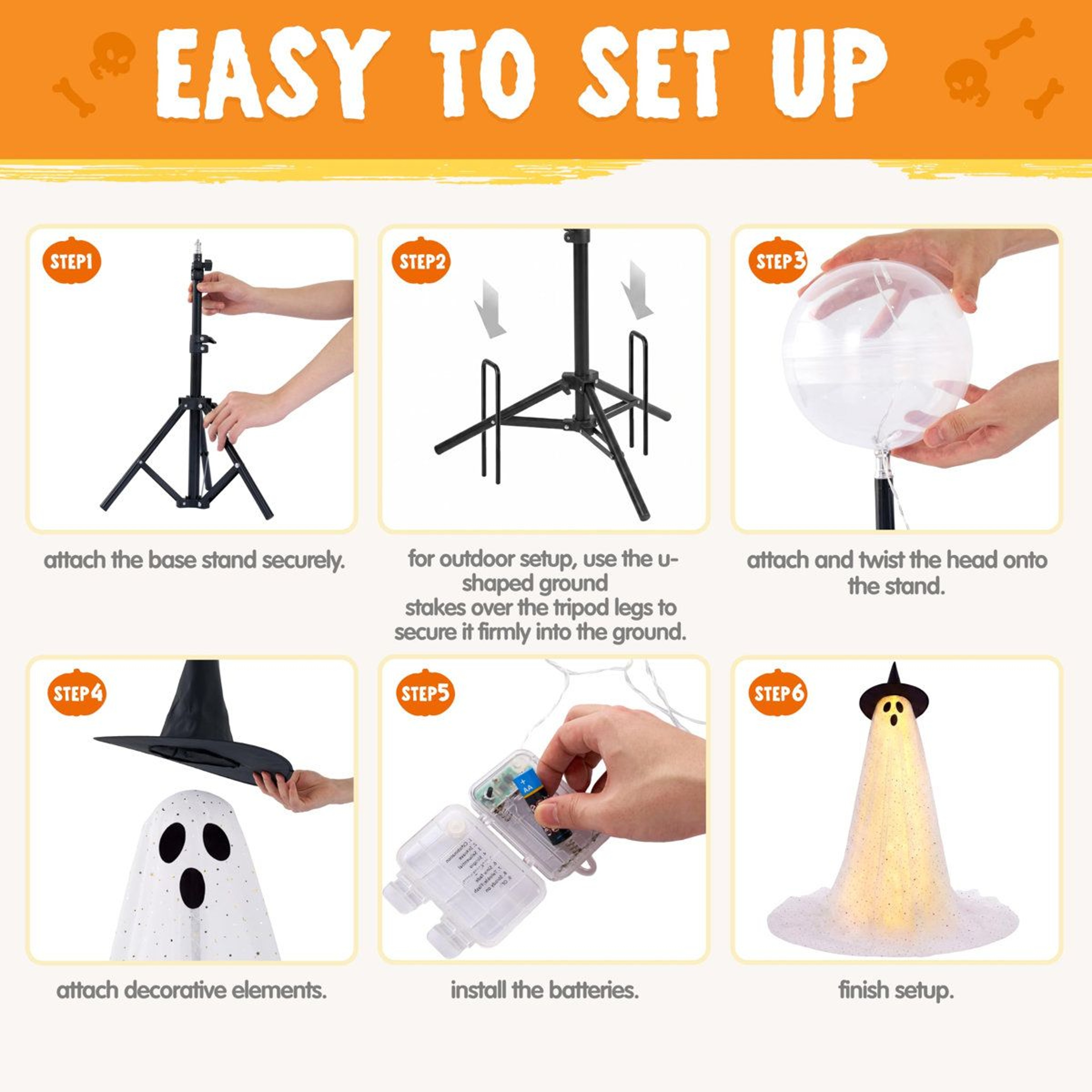 Set Of 2 Halloween Standing Ghost Decorations With Warm White Lights And Witch Hats 6