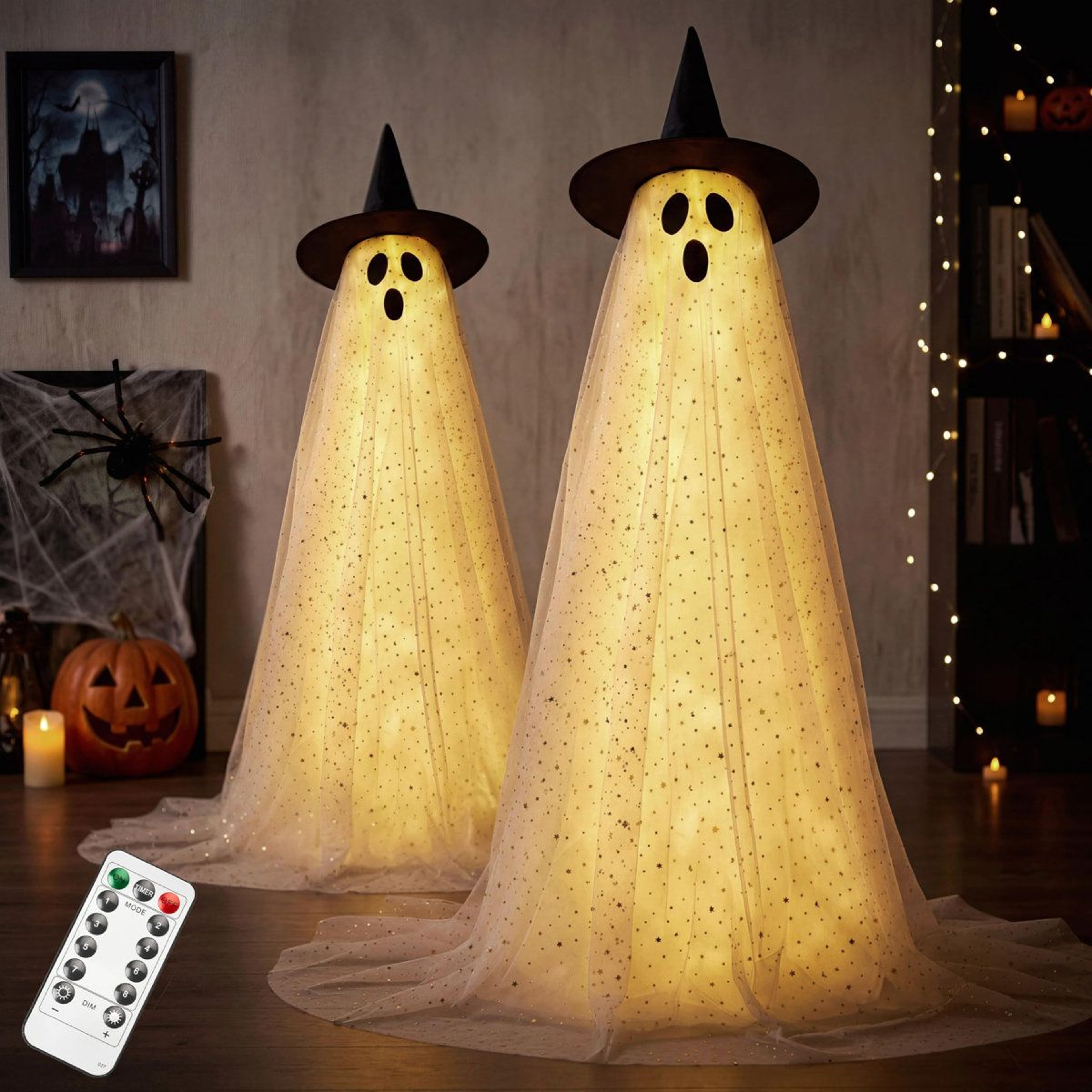Set Of 2 Halloween Standing Ghost Decorations With Warm White Lights And Witch Hats 7