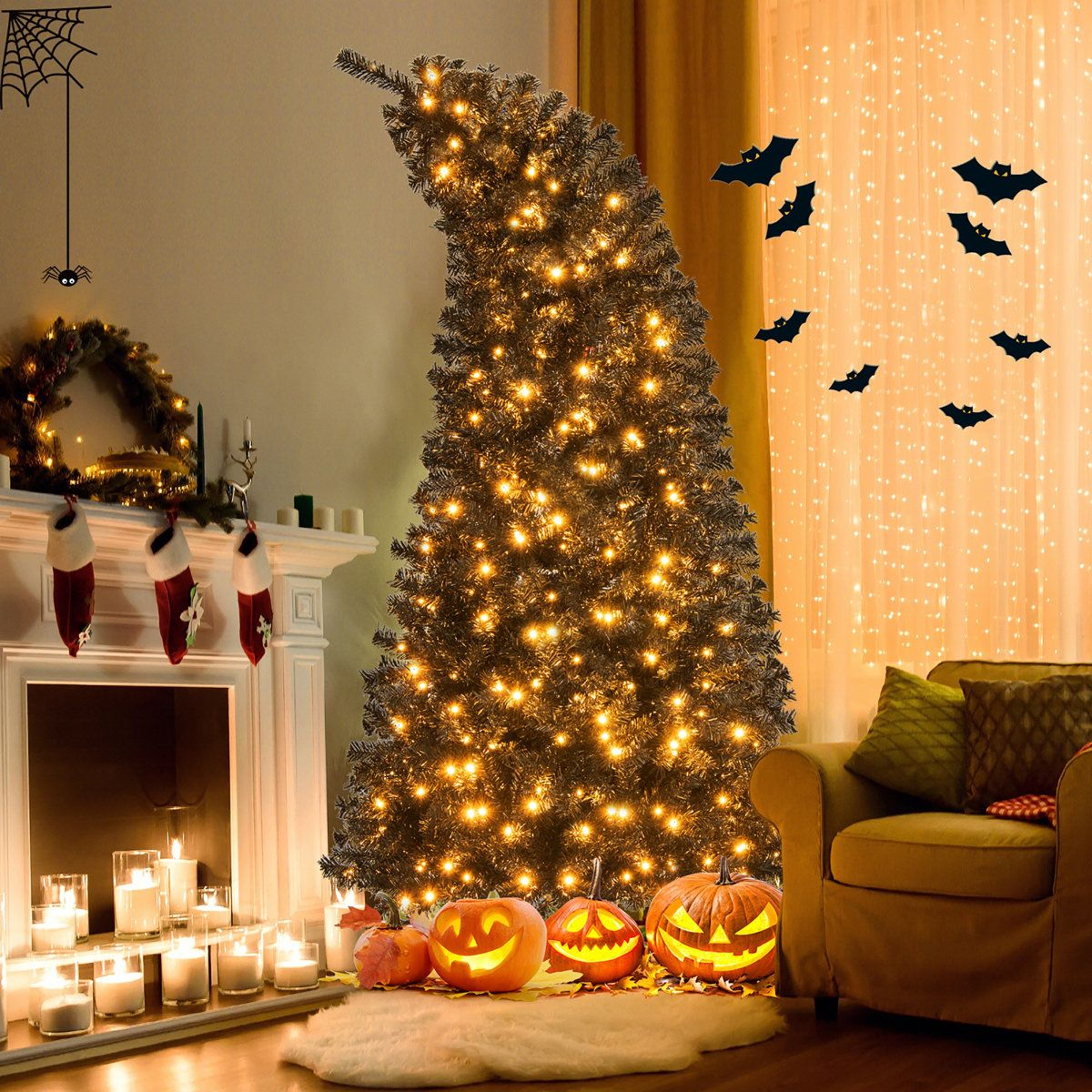 7 Ft PreLit Black Halloween Tree With Bendable Top And Warm White LED Lights 2