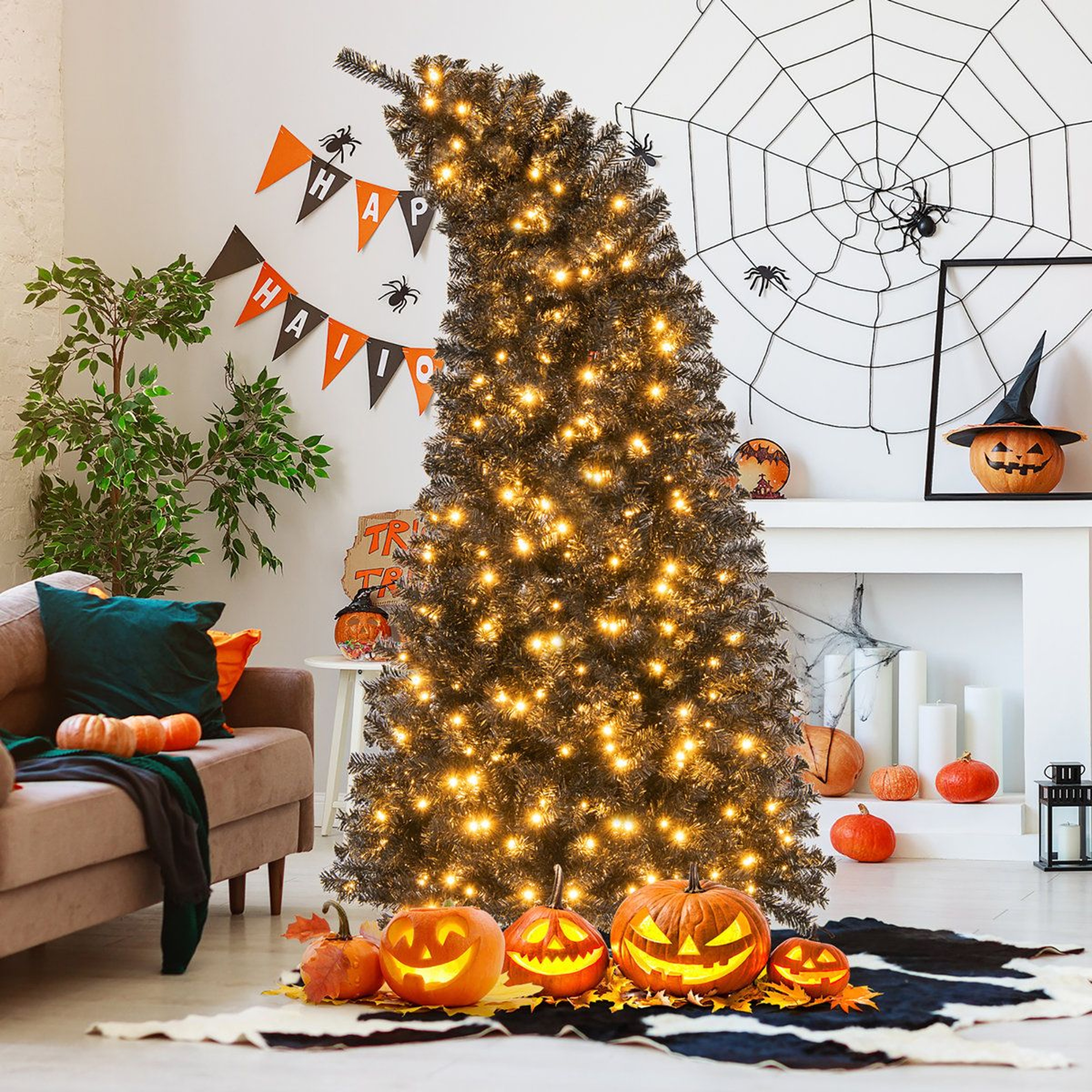 7 Ft PreLit Black Halloween Tree With Bendable Top And Warm White LED Lights 8