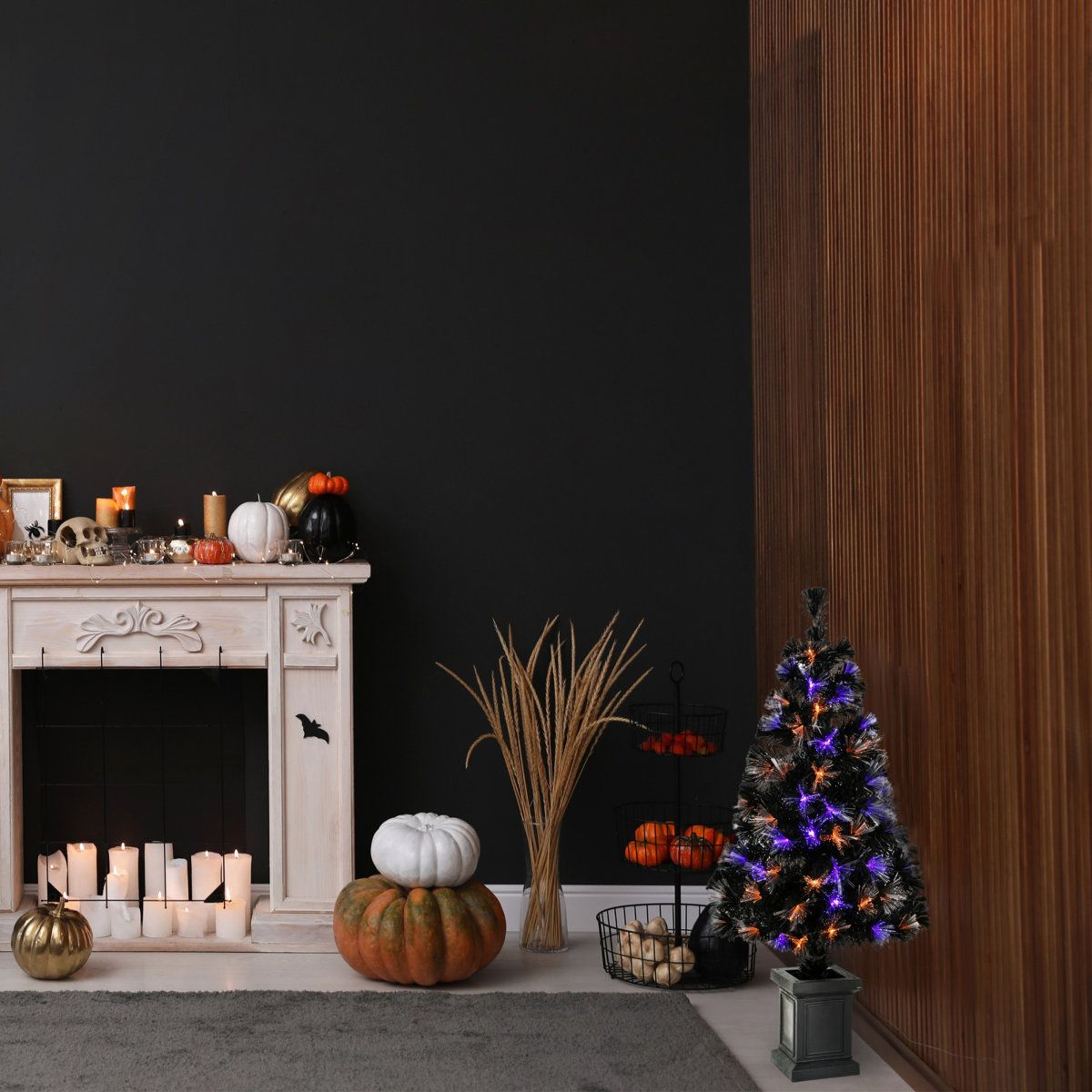 48Inch Black Fiber Optic Halloween Tree With Purple Pulsing Lights 1