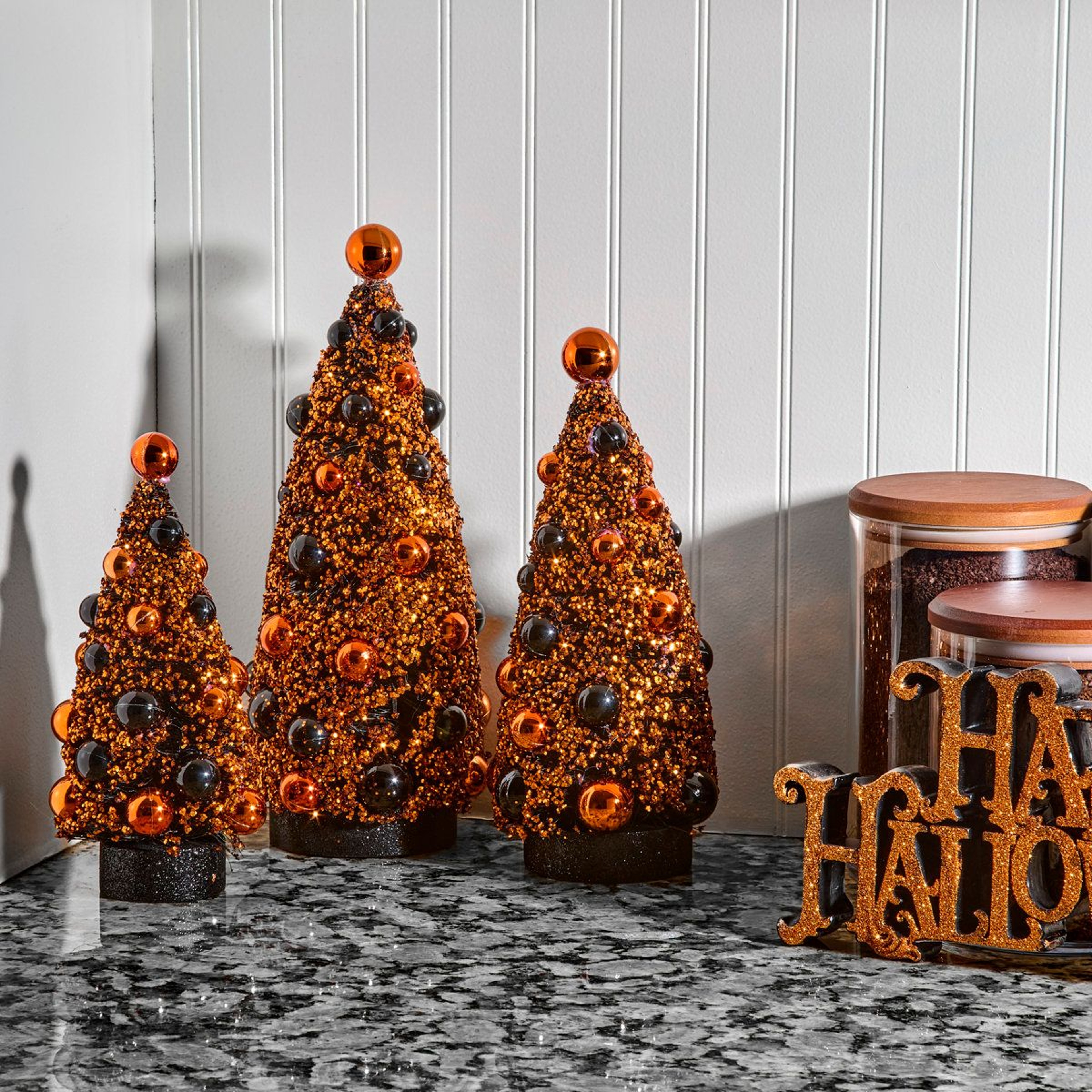 Halloween Sisal Tree Set Of 3 Black And Orange Indoor Tabletop Decorations 1