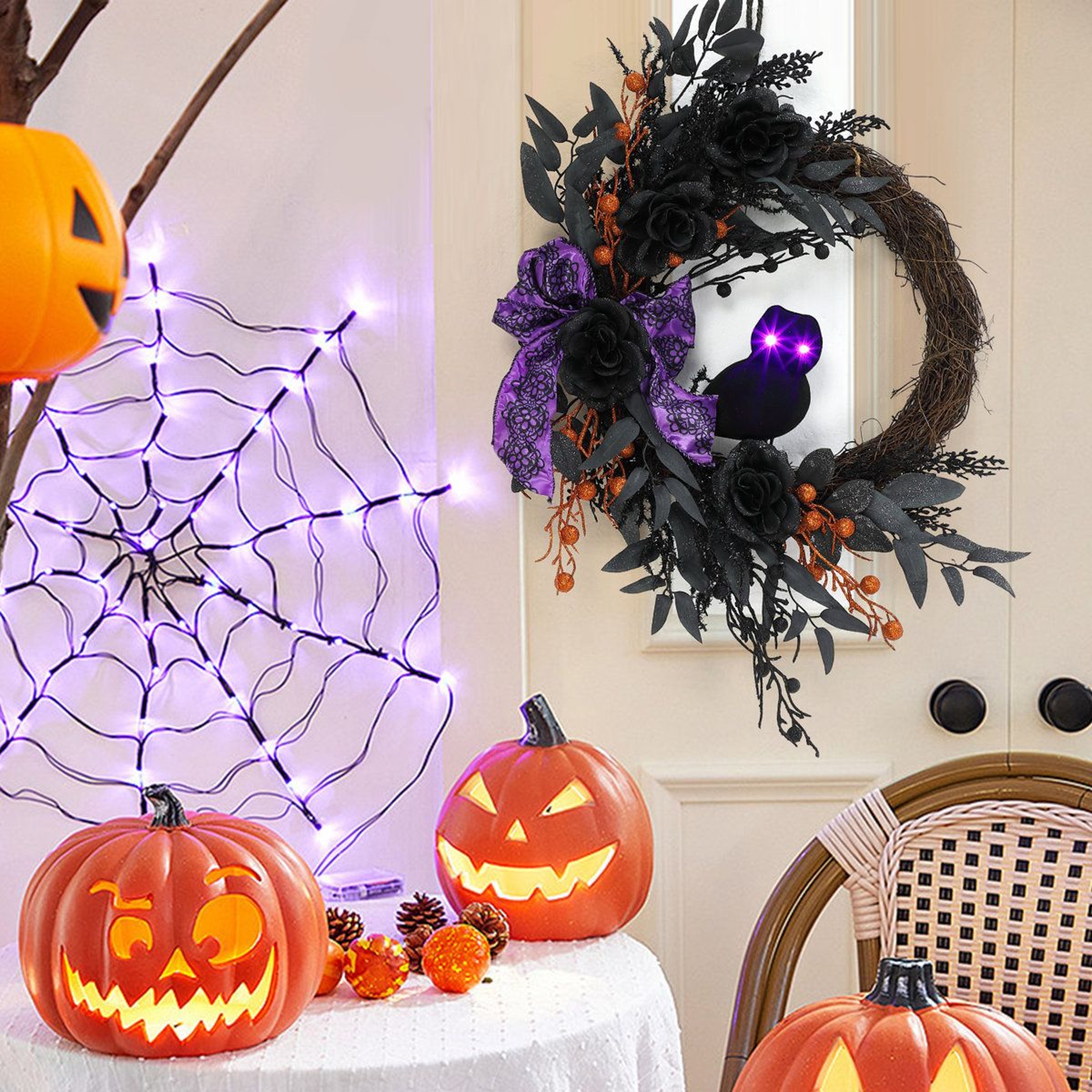 22 Inch Halloween Wreath With Lighted Owl Eyes And Black Willow Leaves 5