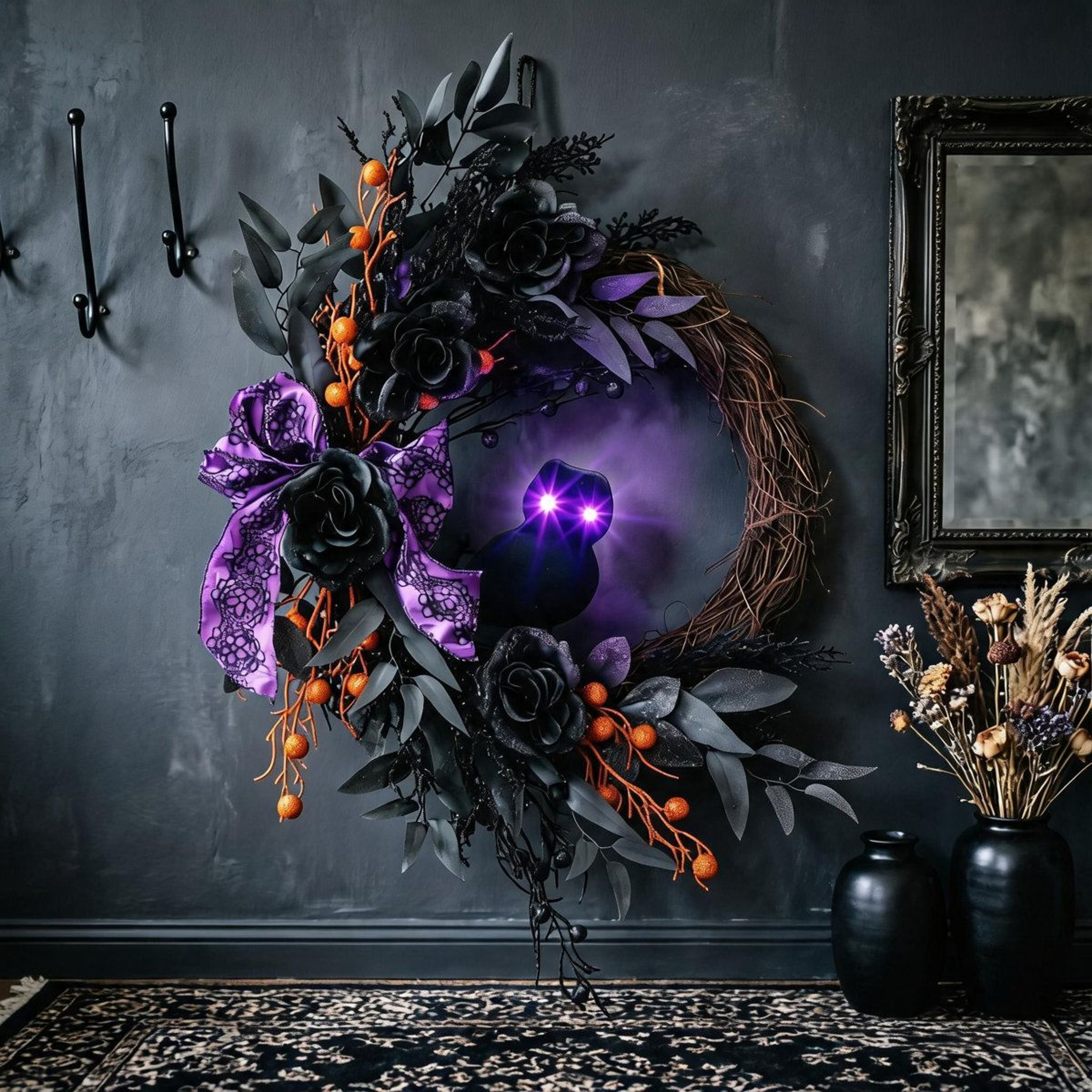22 Inch Halloween Wreath With Lighted Owl Eyes And Black Willow Leaves 7