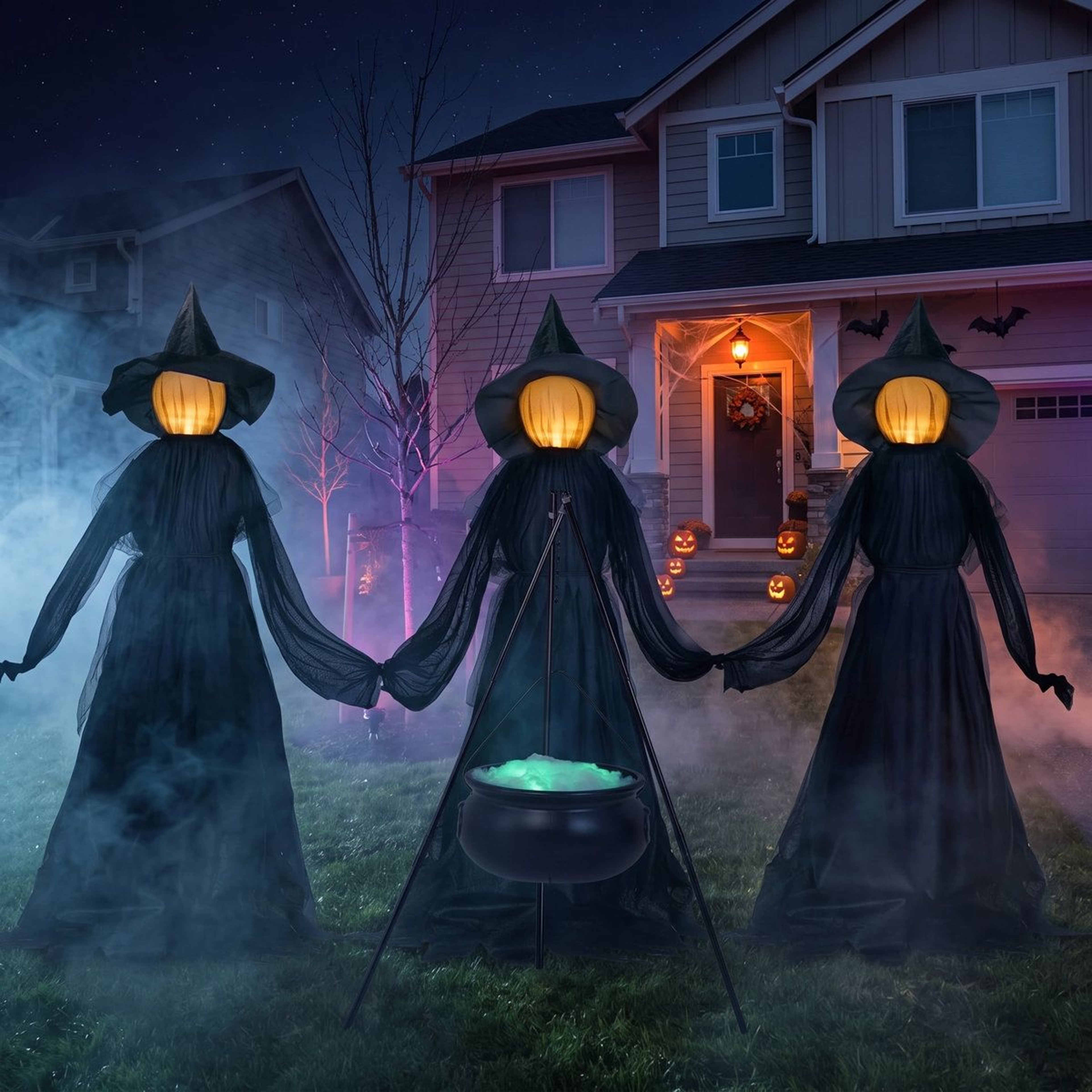 Halloween Witch Yard Decorations With LED Cauldron And 3 Witch Stakes 5