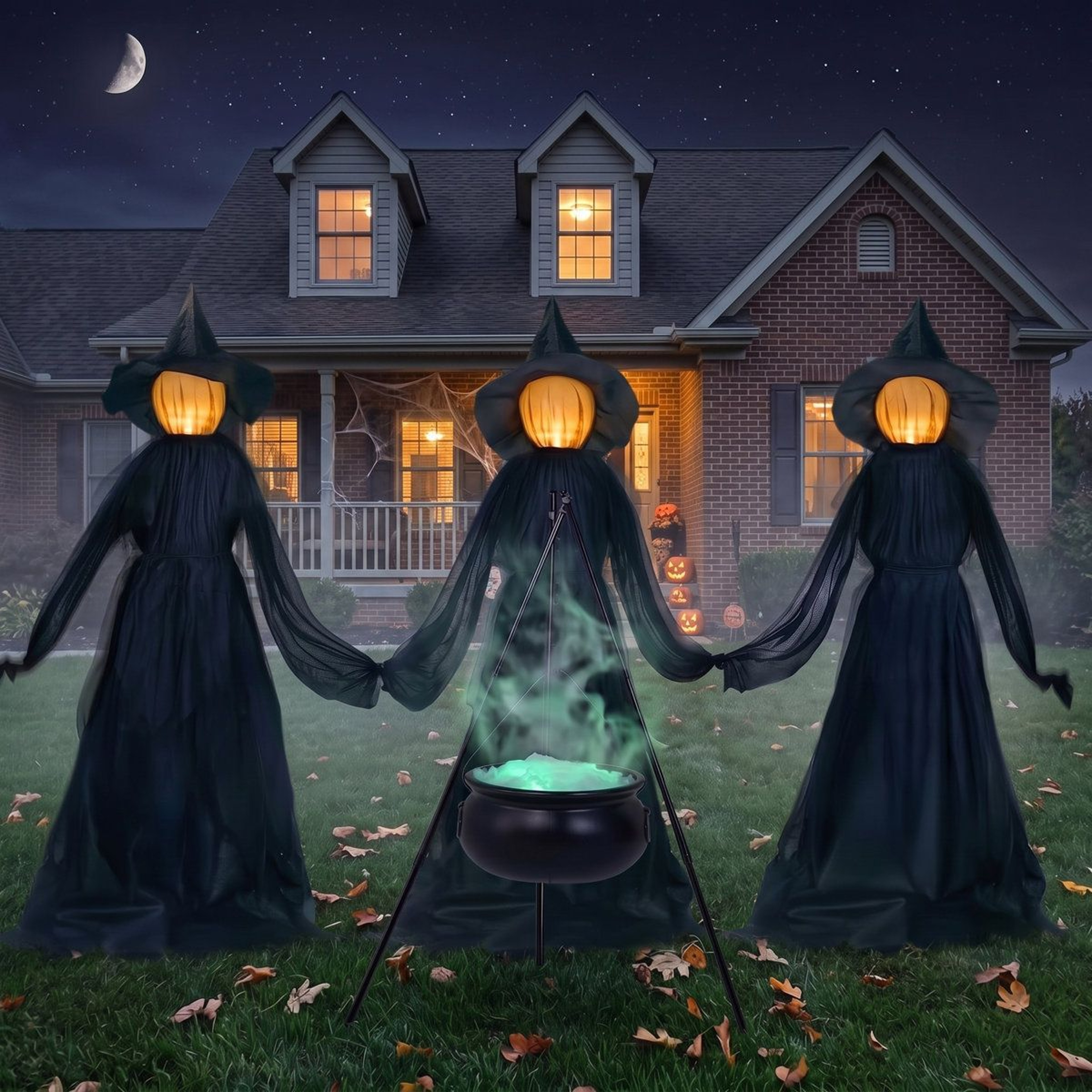 Halloween Witch Yard Decorations With LED Cauldron And 3 Witch Stakes 2