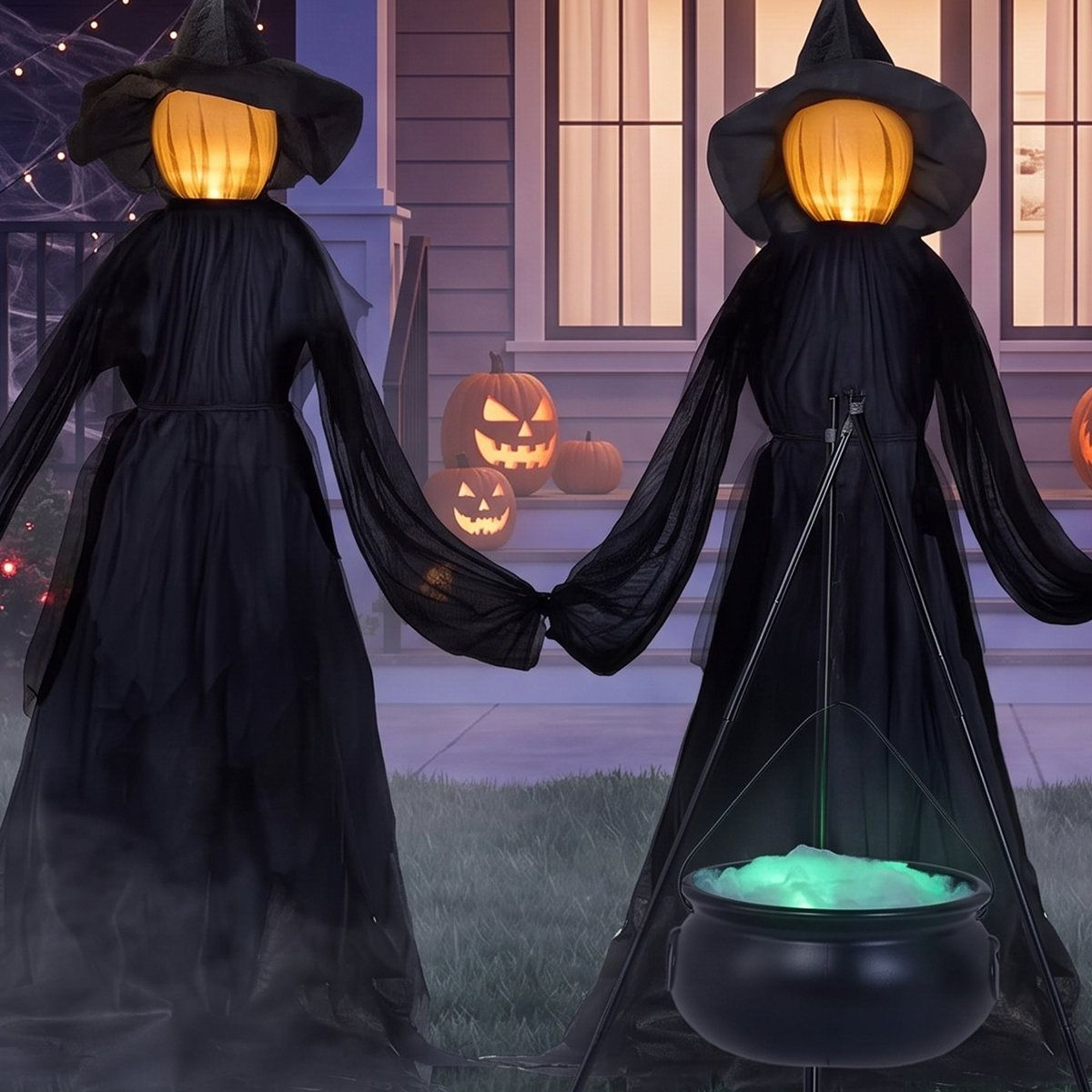 Halloween Witch Yard Decorations With LED Cauldron And 3 Witch Stakes 3