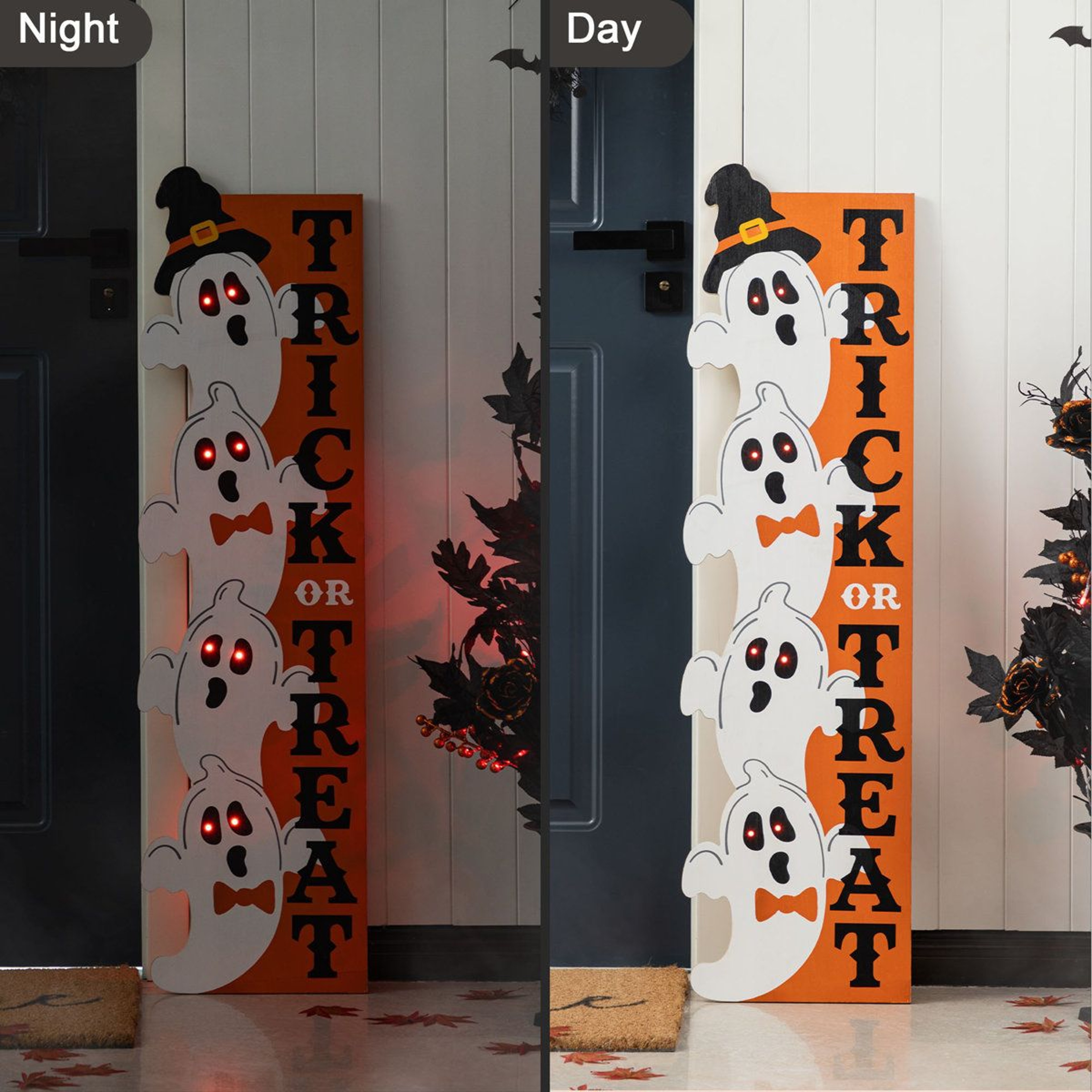 42Inch Lighted Halloween Stacked Ghost Porch Sign With Timer 10