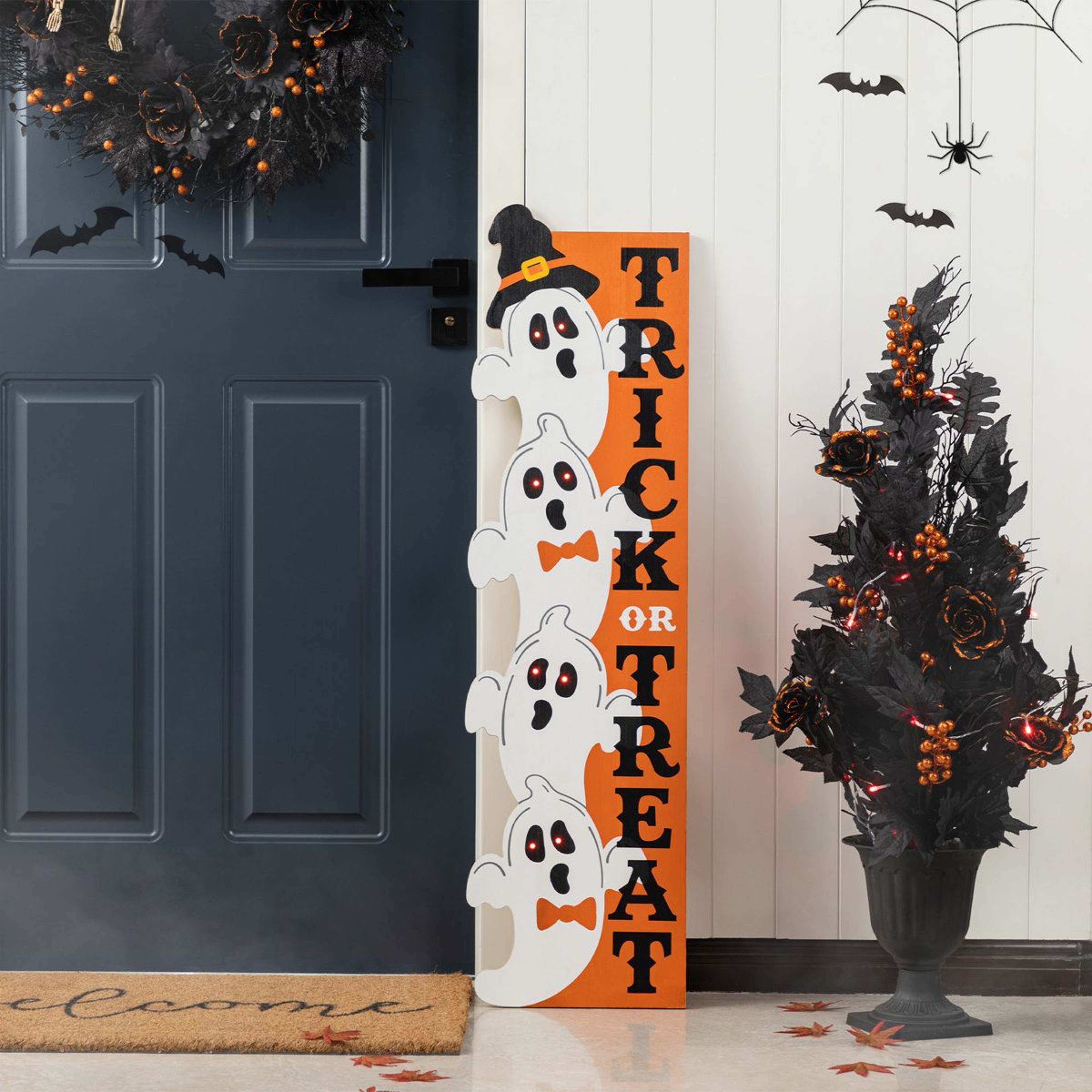 42Inch Lighted Halloween Stacked Ghost Porch Sign With Timer 1