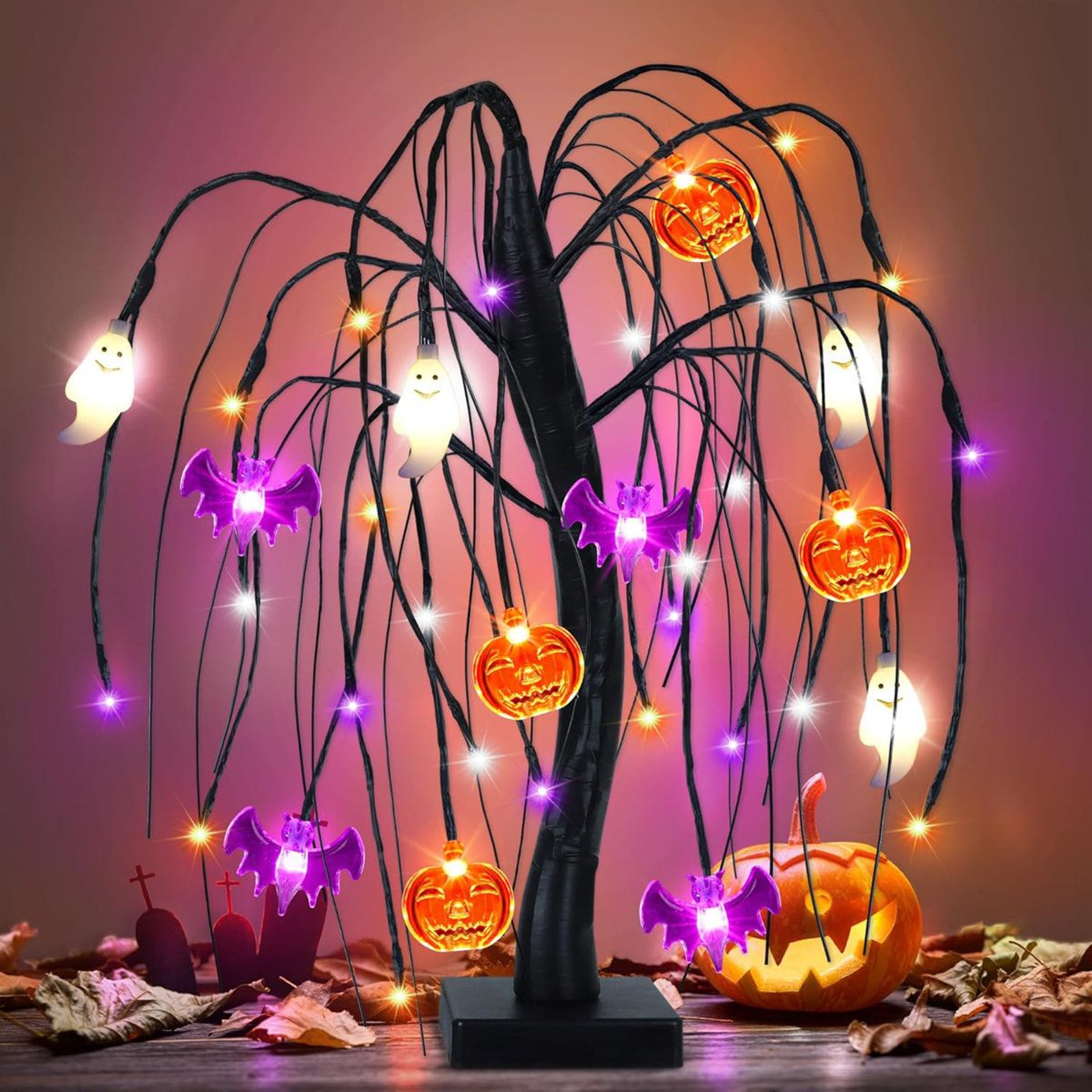 Black Halloween Tabletop Tree With Orange Purple And White LED Lights 0