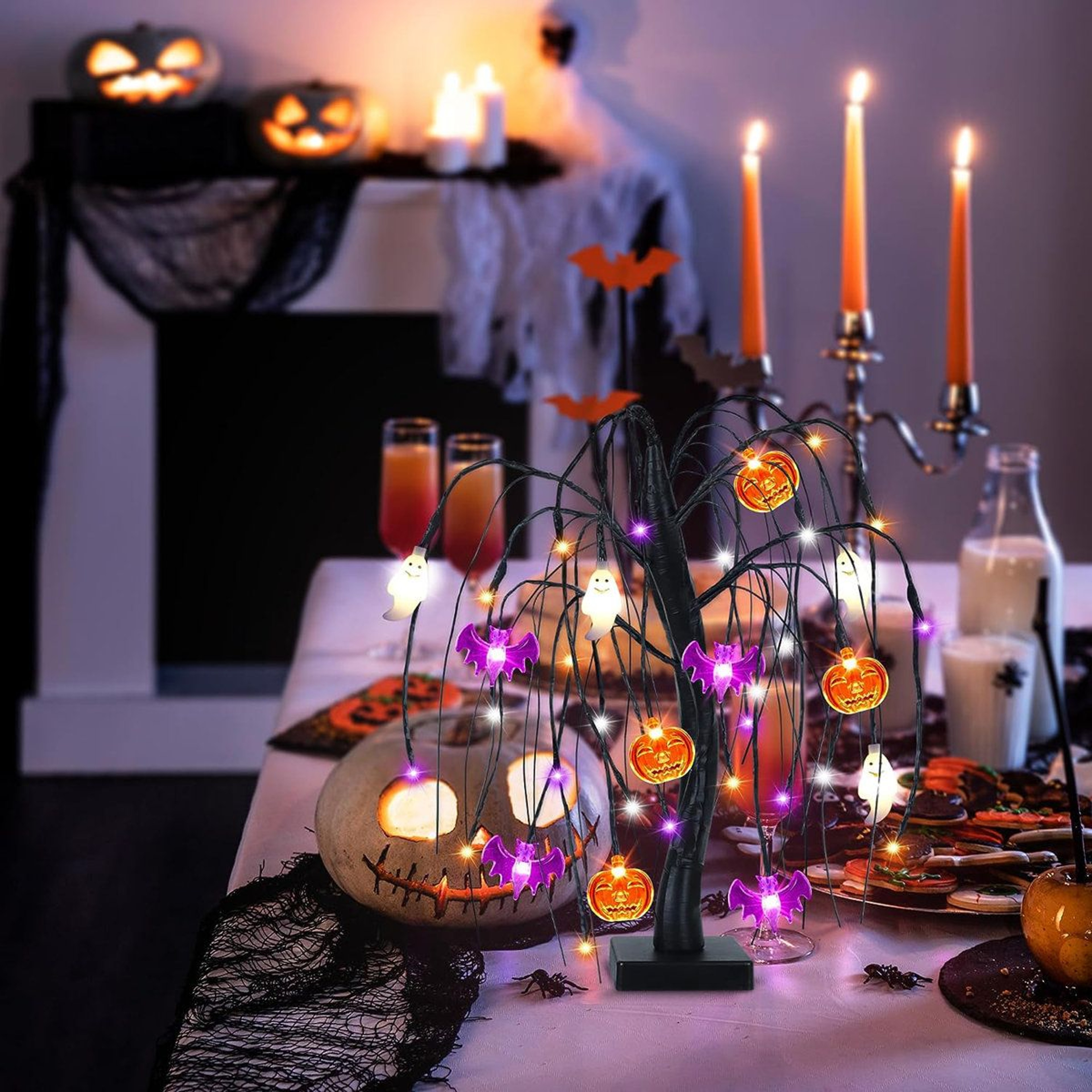 Black Halloween Tabletop Tree With Orange Purple And White LED Lights 2