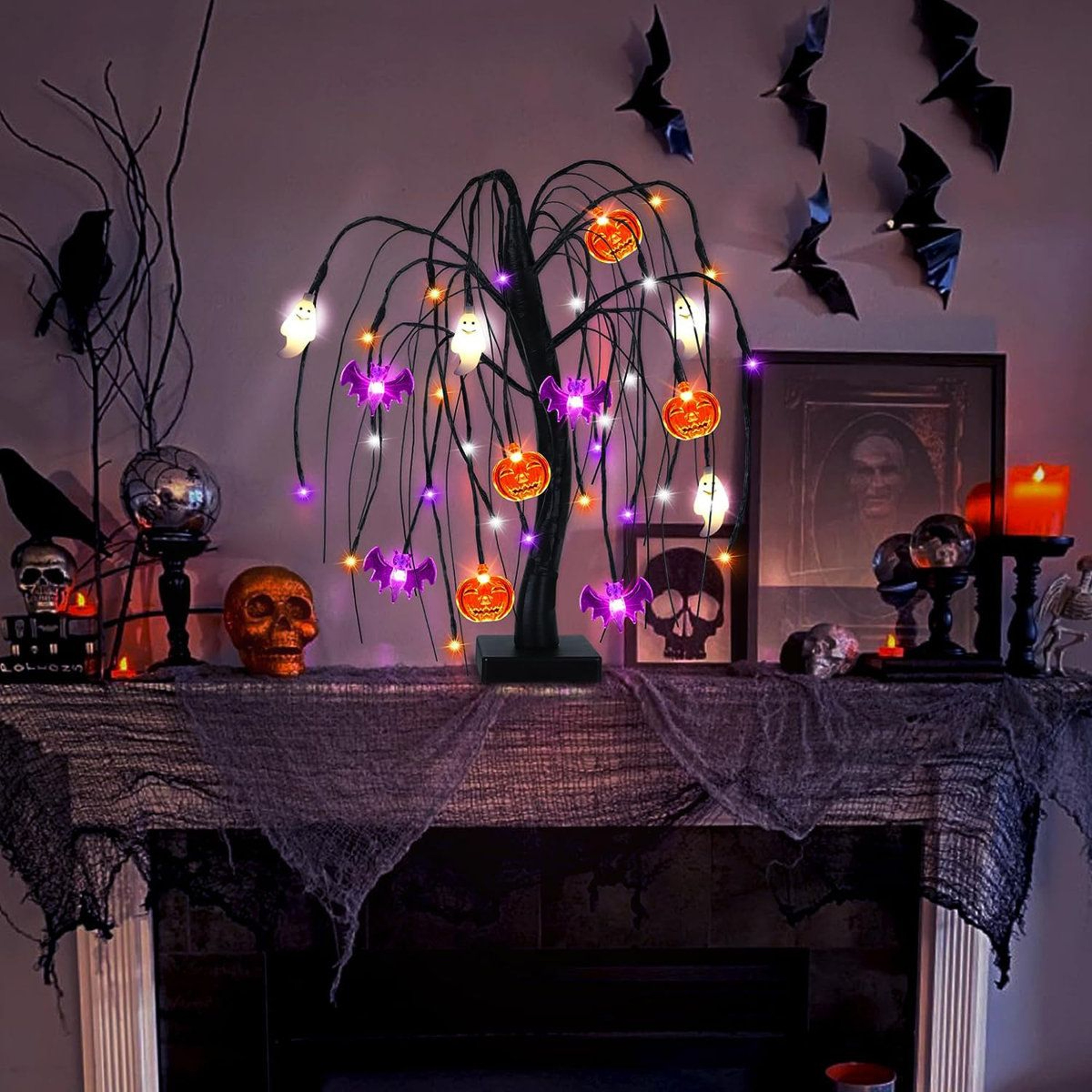 Black Halloween Tabletop Tree With Orange Purple And White LED Lights 5