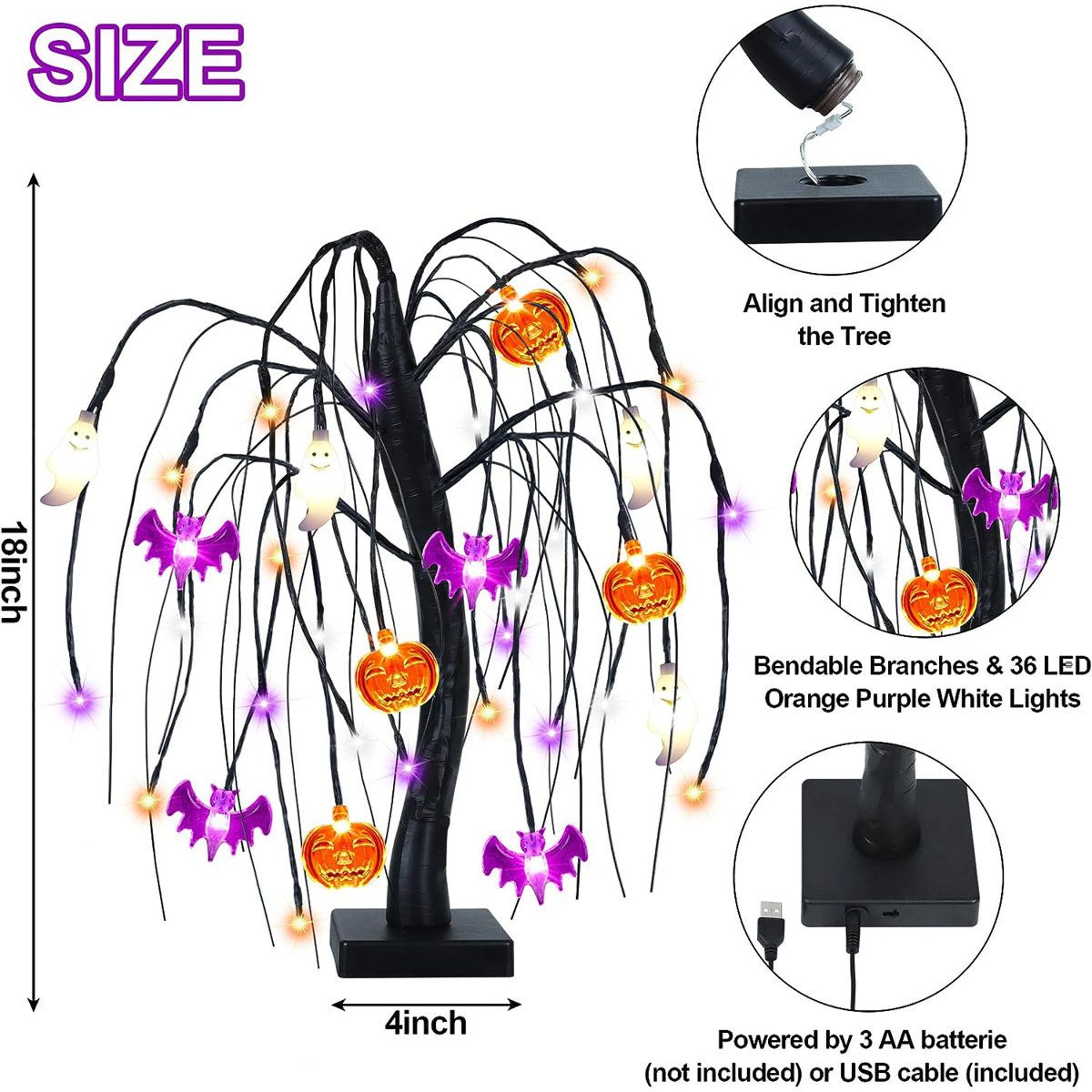 Black Halloween Tabletop Tree With Orange Purple And White LED Lights 1
