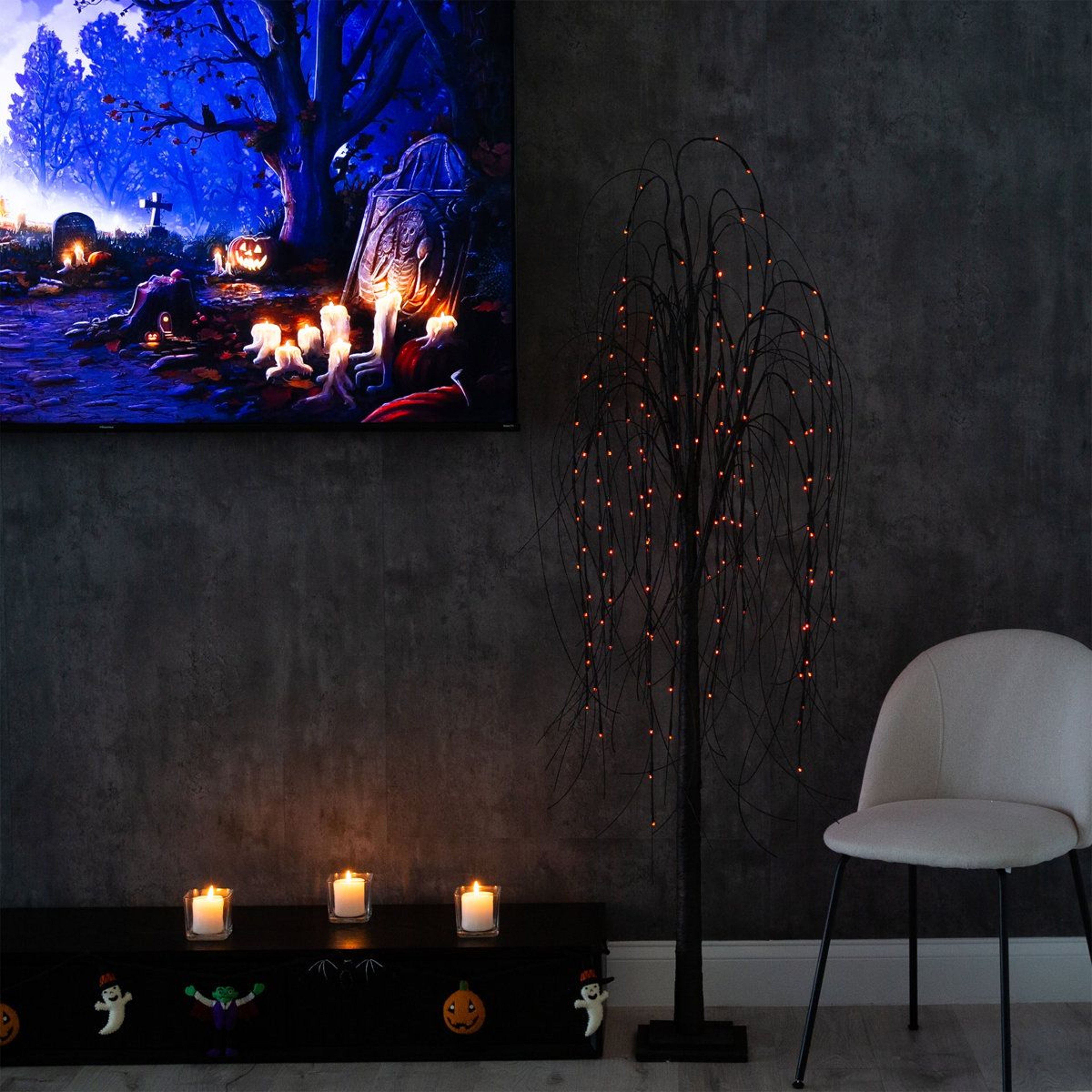 6 Ft PreLit Halloween Black Willow Tree With 160 Orange And Purple LED Lights 10