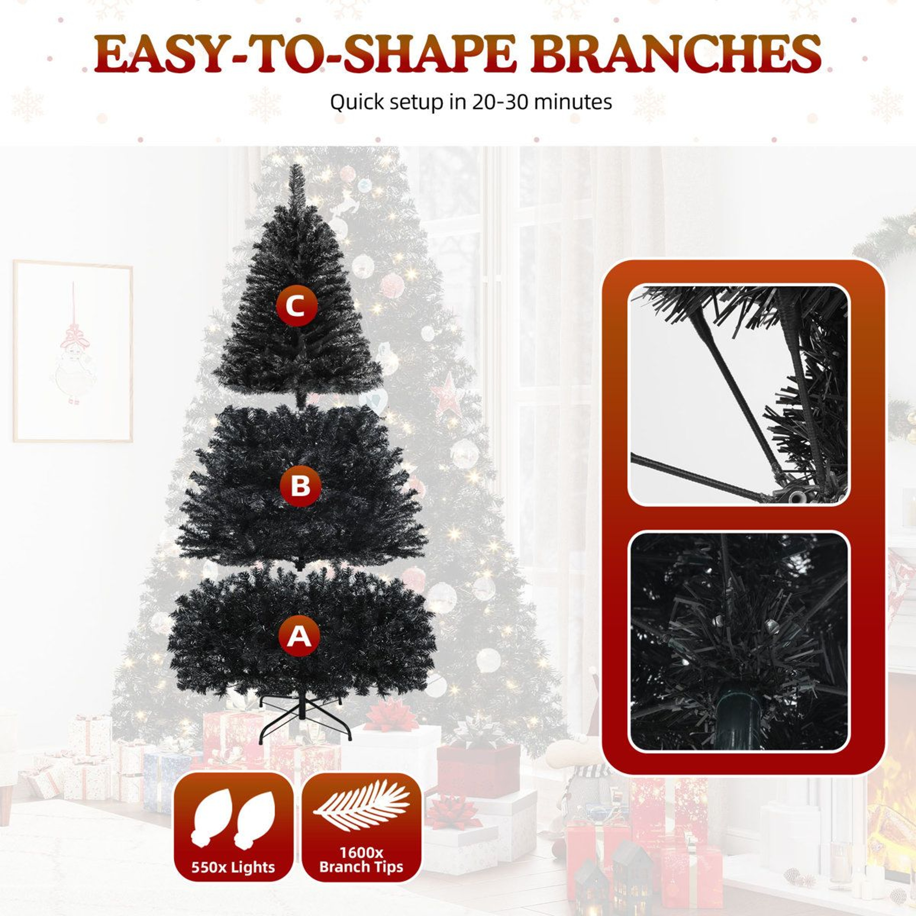 75 Ft PreLit Black Halloween Artificial Christmas Tree With 550 LED Lights 5