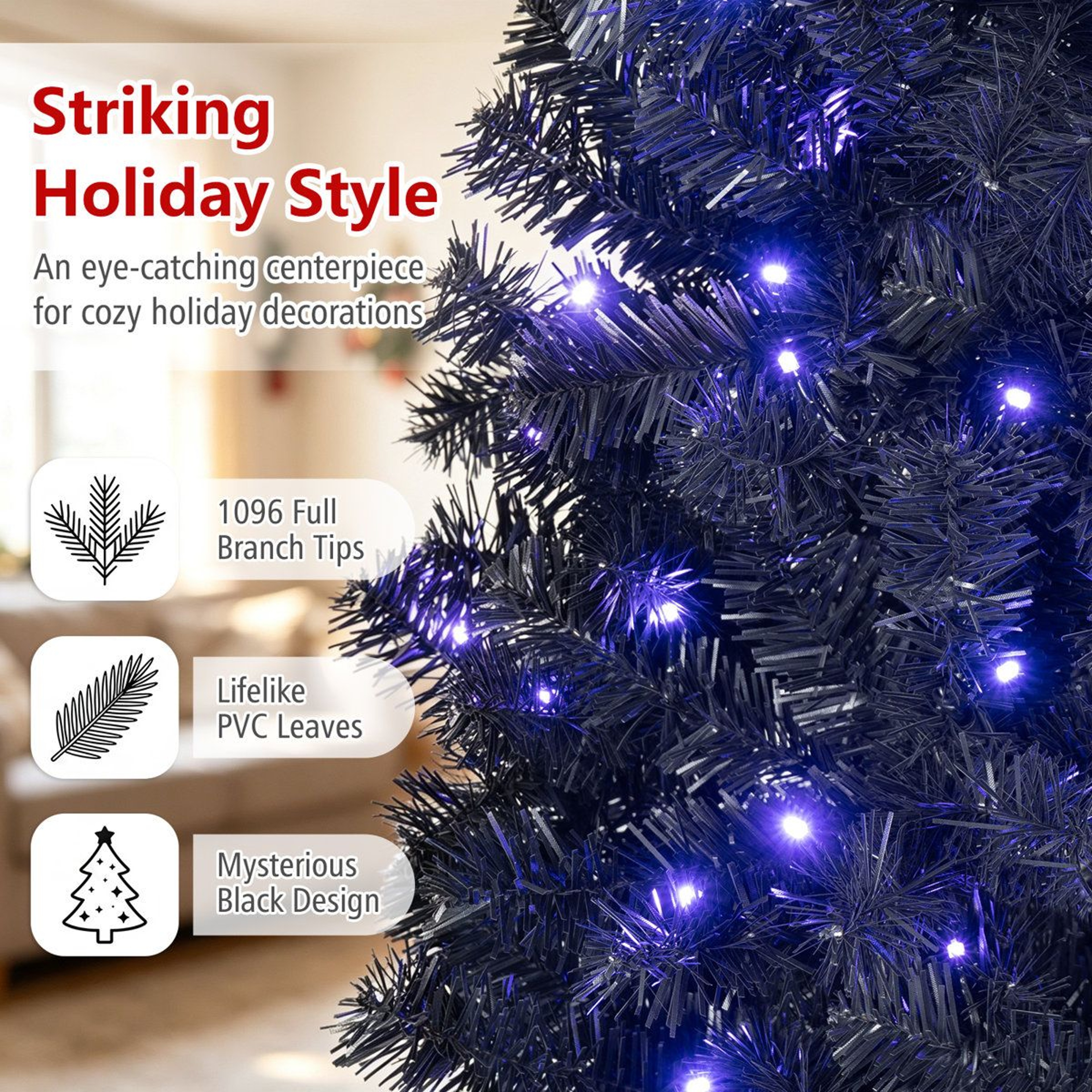 7 FT PreLit Black Christmas Tree With 500 Purple LED Lights For Halloween 7