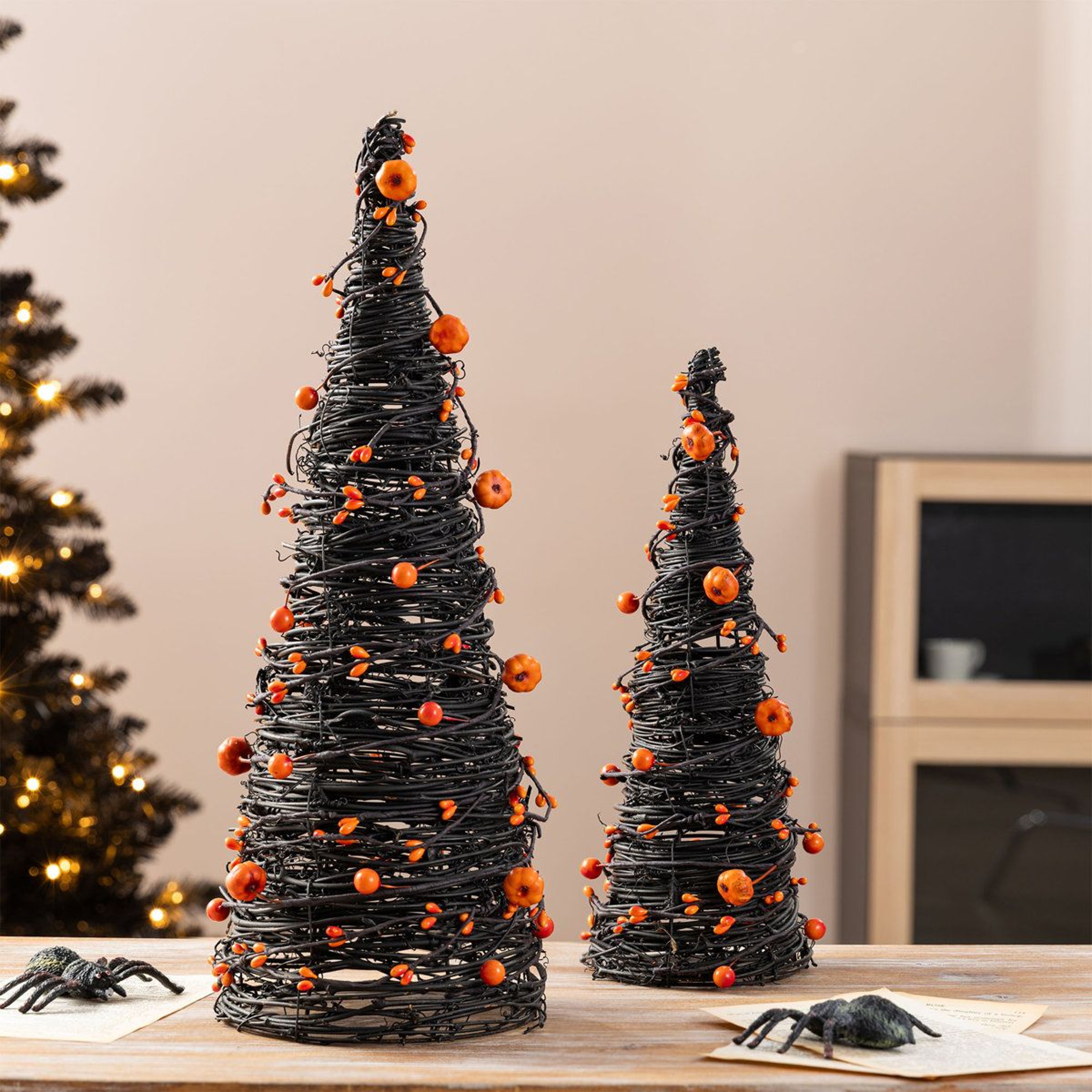 Halloween Eucalyptus Cone Trees With Bats And Pumpkins Set Of 2 1