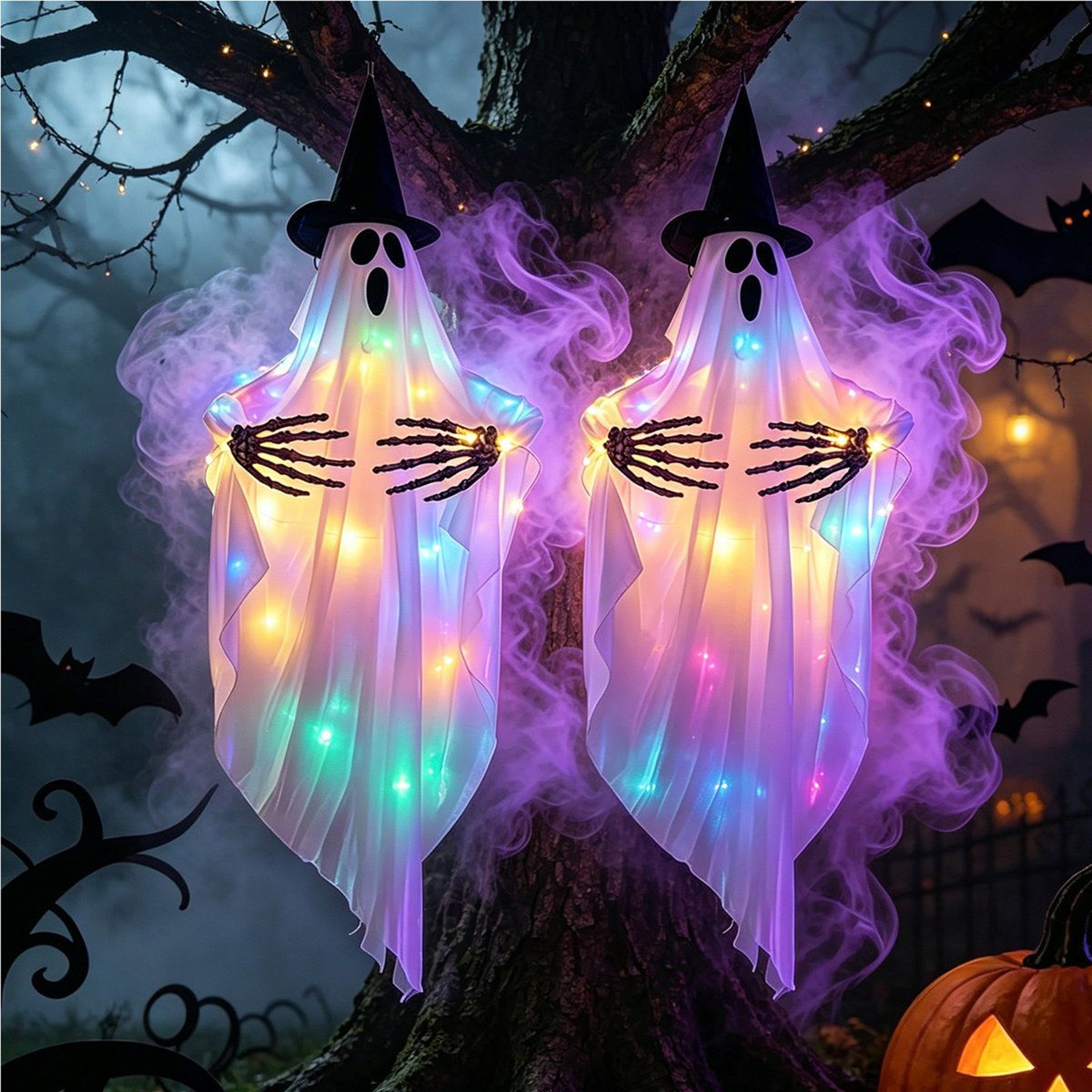 2 Pack Lighted Halloween Hanging Ghost Decorations With Adjustable Arms 0