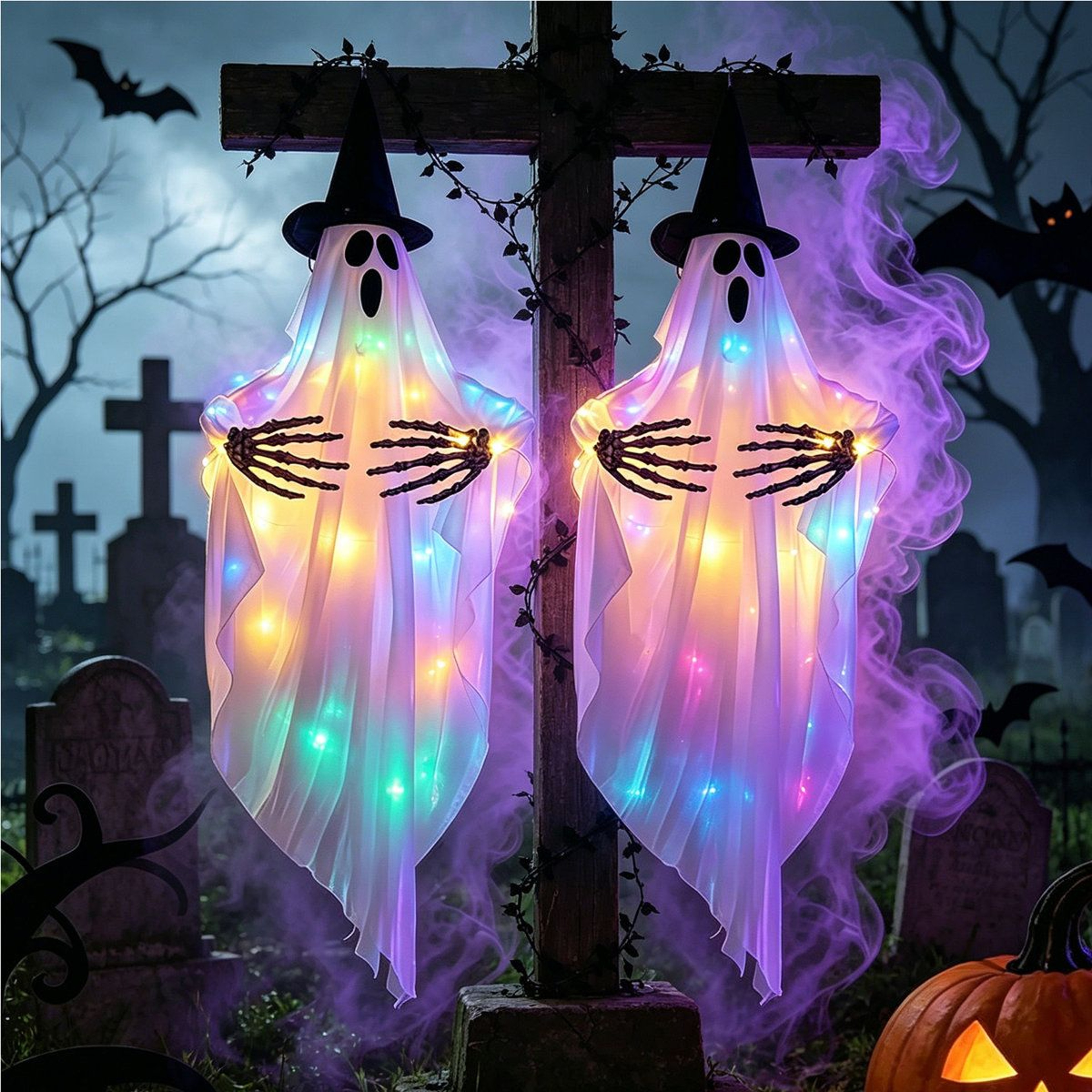 2 Pack Lighted Halloween Hanging Ghost Decorations With Adjustable Arms 9