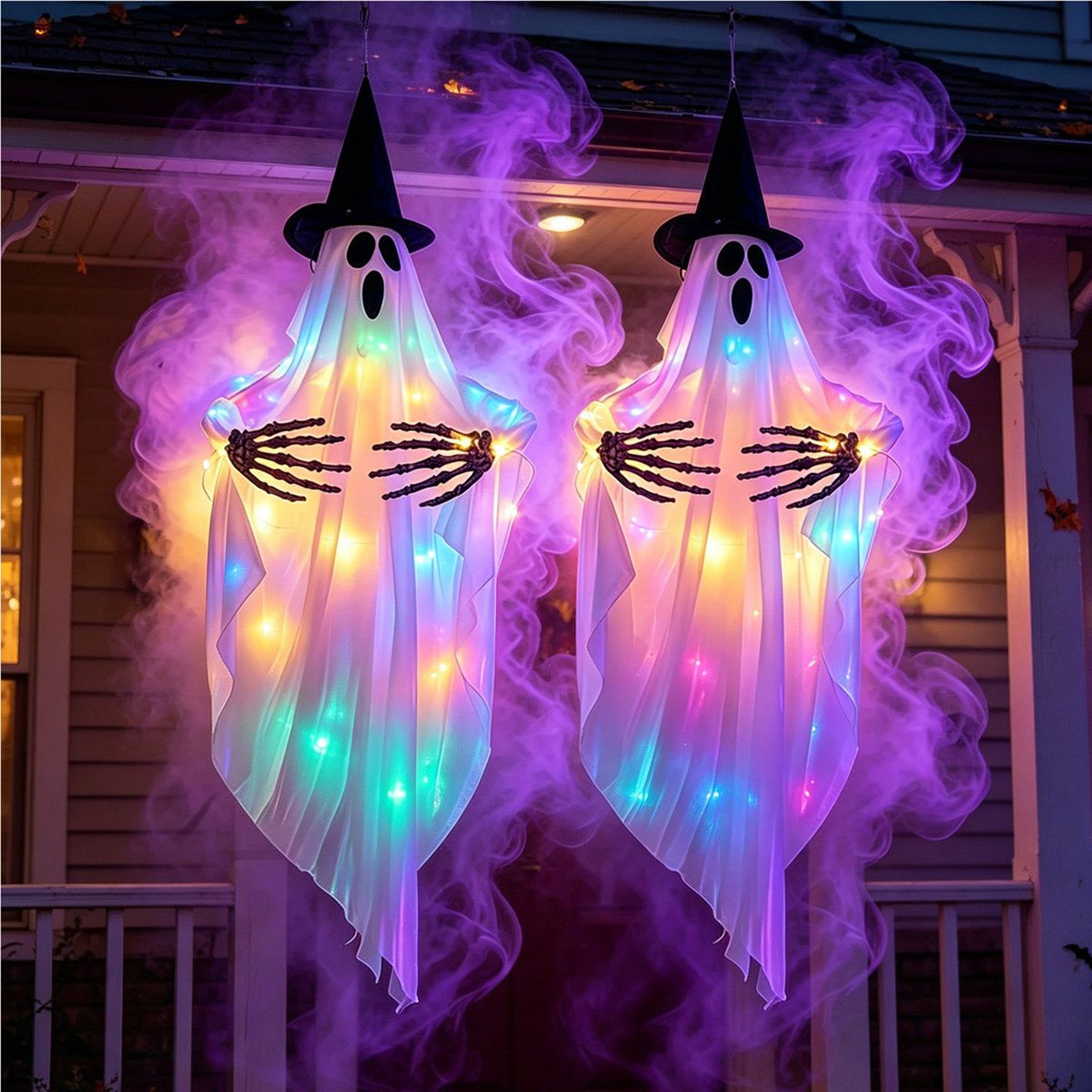 2 Pack Lighted Halloween Hanging Ghost Decorations With Adjustable Arms 2