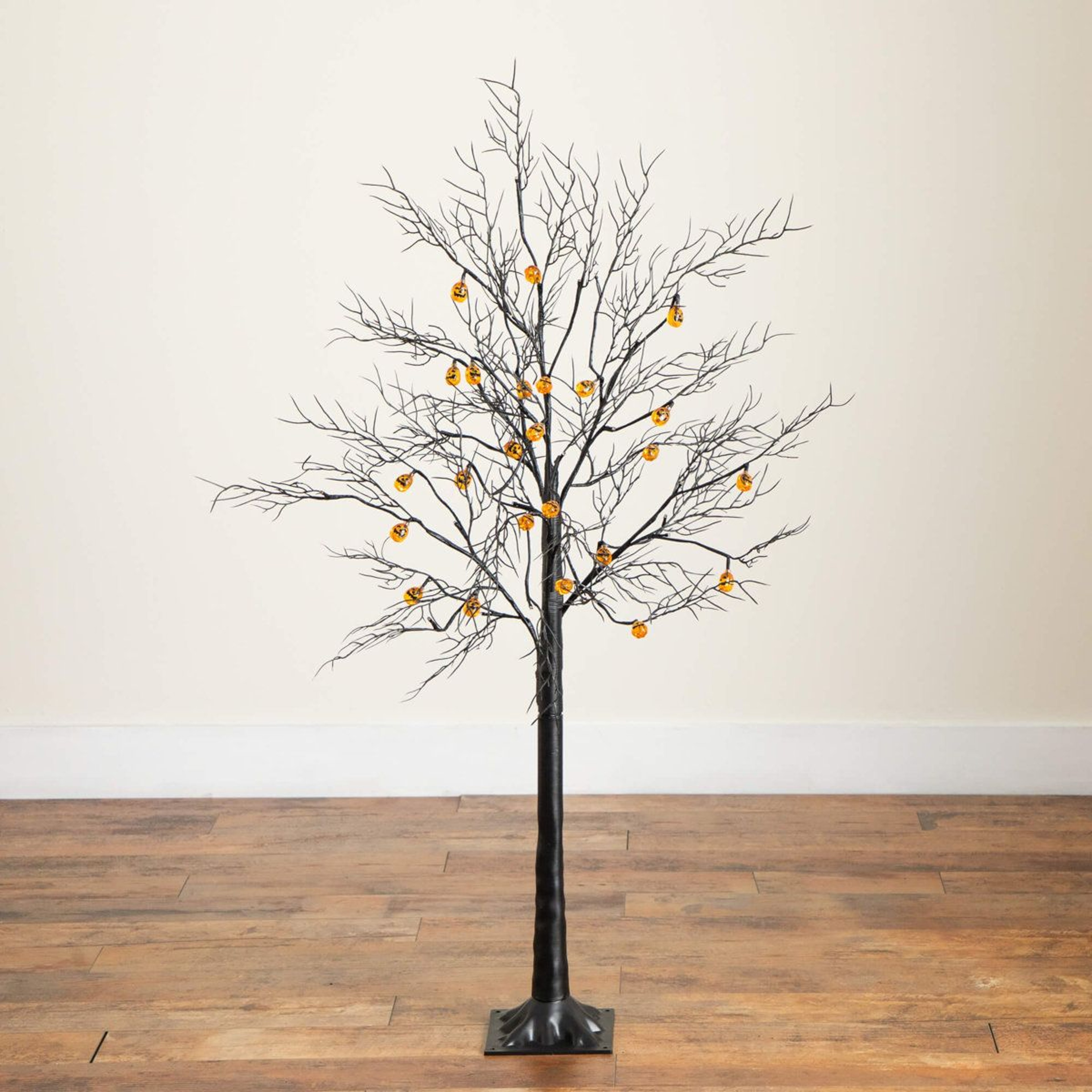 PreLit Halloween Black Twig Tree With 24 Pumpkins And 48 Orange LED Lights 12