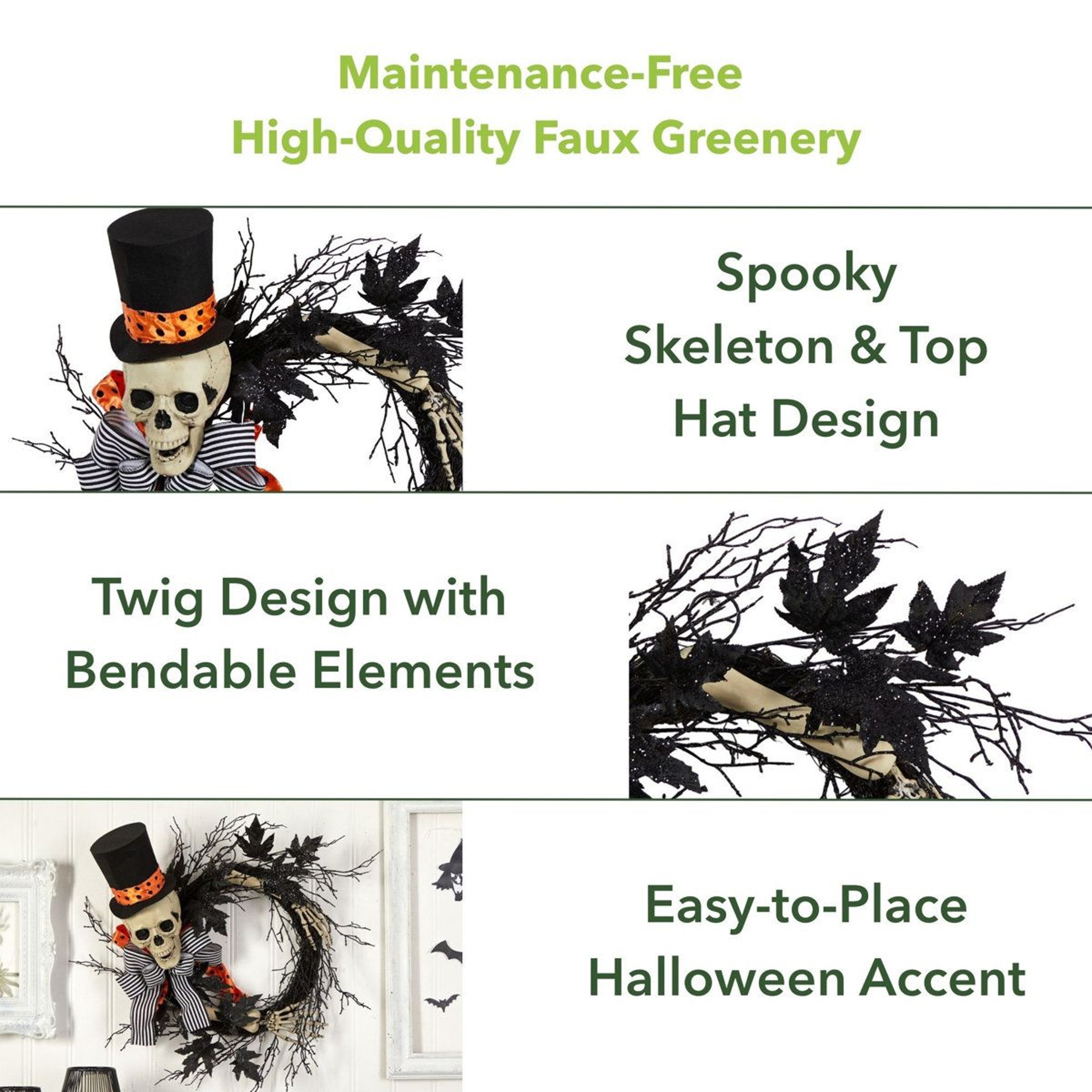 Halloween Artificial Green Wreath With Bendable Stems And Cashmere Detailing 8