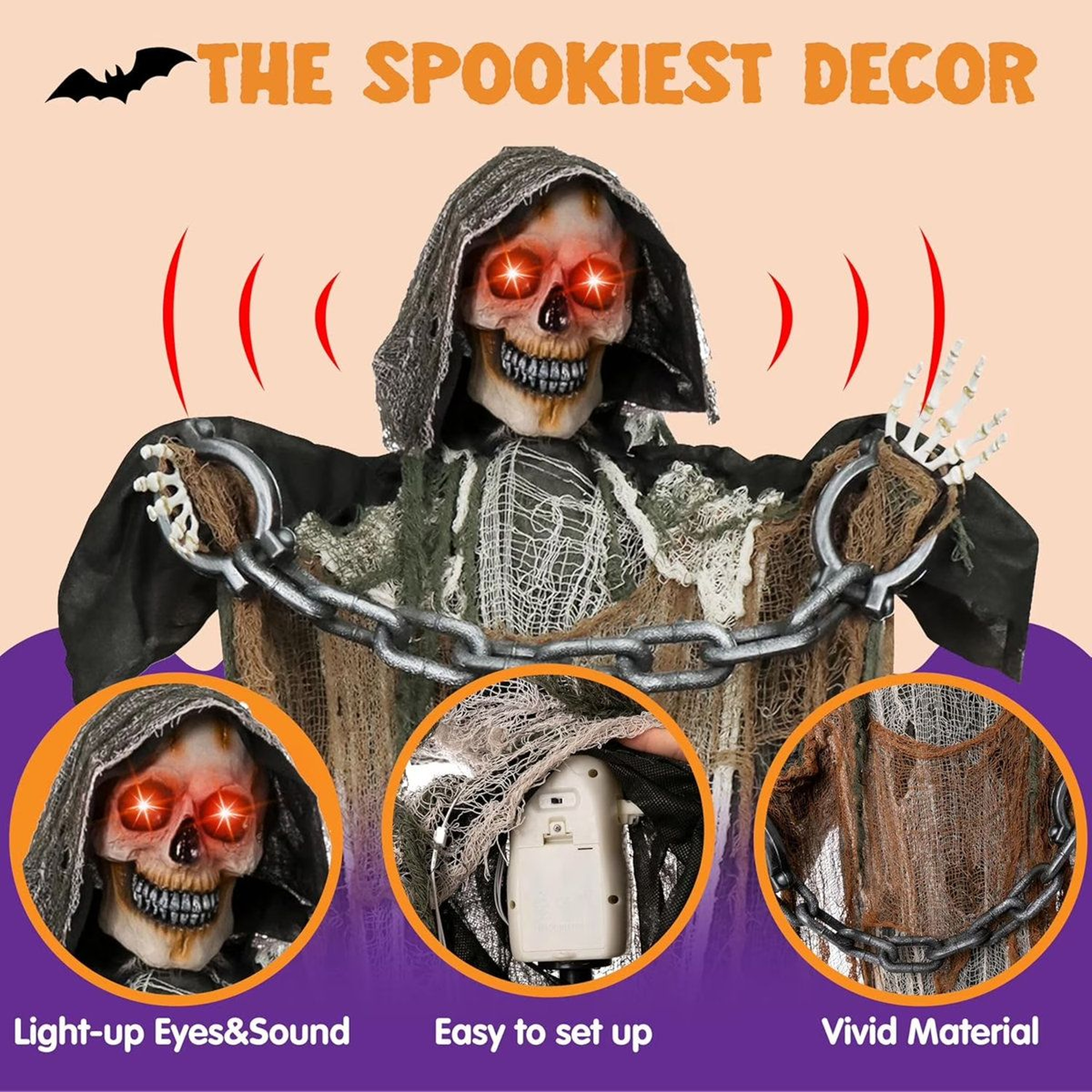 SoundActivated Animatronic Grim Reaper Halloween Decoration With Glowing Eyes 5