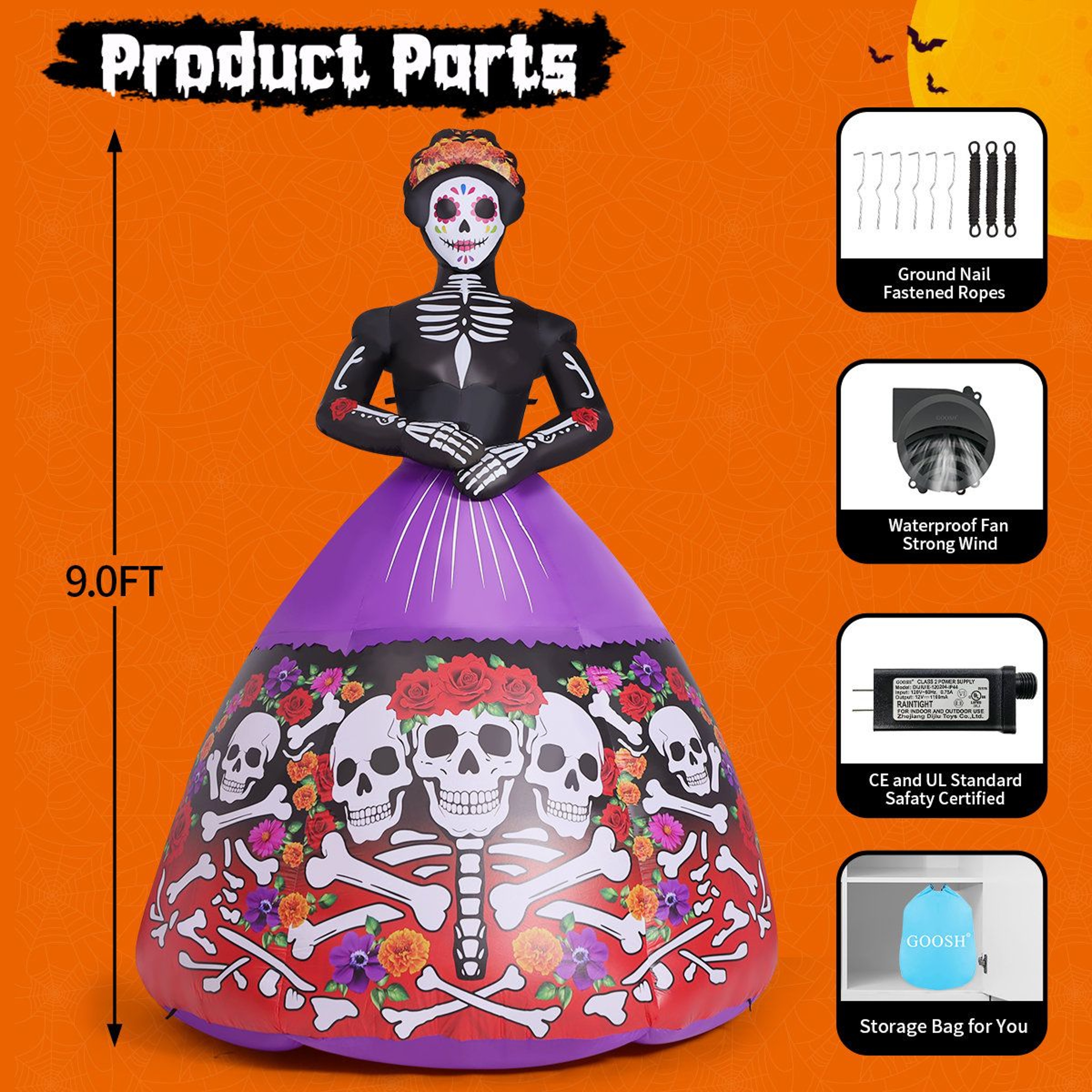 9 FT Lighted Halloween Inflatable Ghost Bride With Skull Print Dress 3
