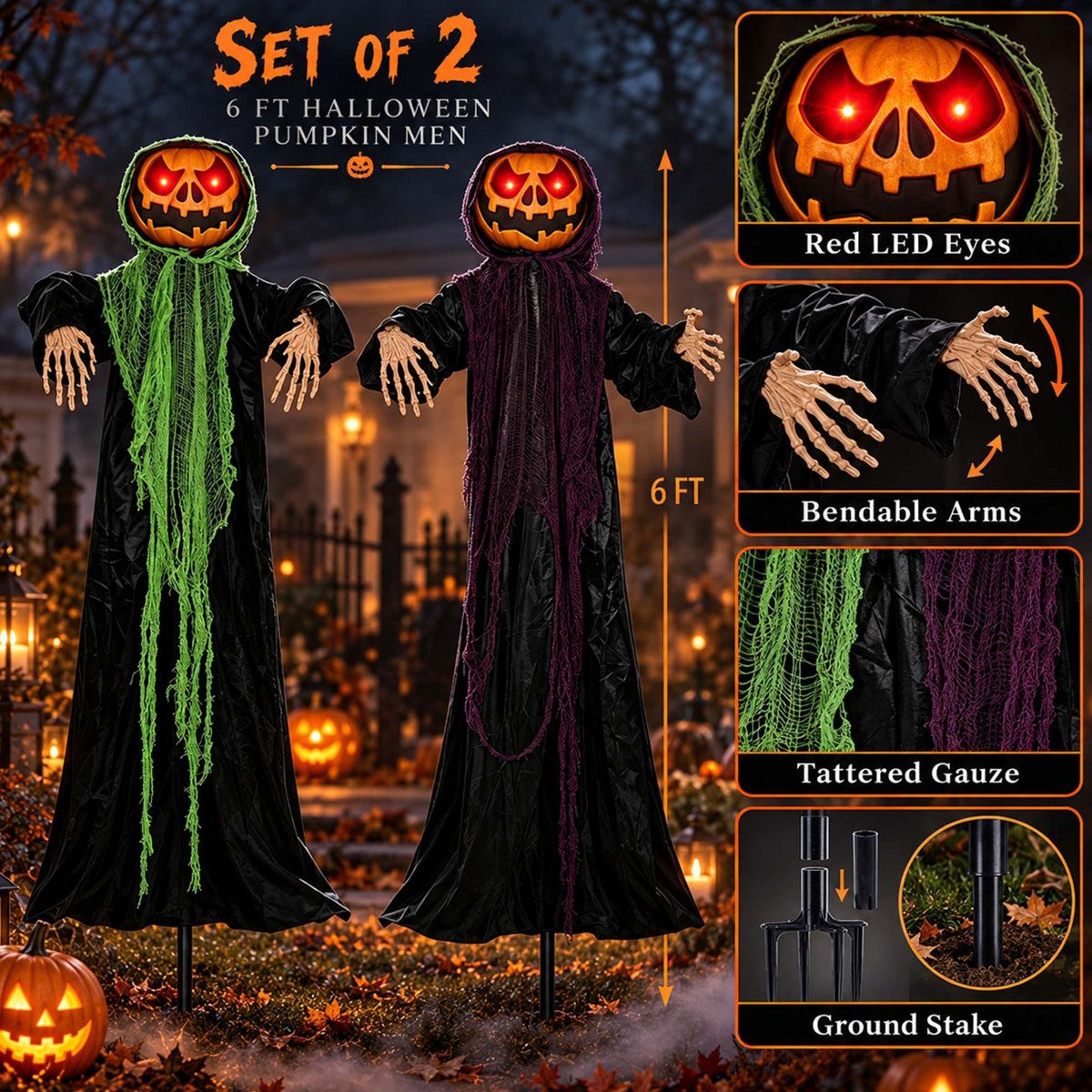 2Pack 6Foot Lighted Standing Pumpkin Men Halloween Decorations With Bendable Arms 2
