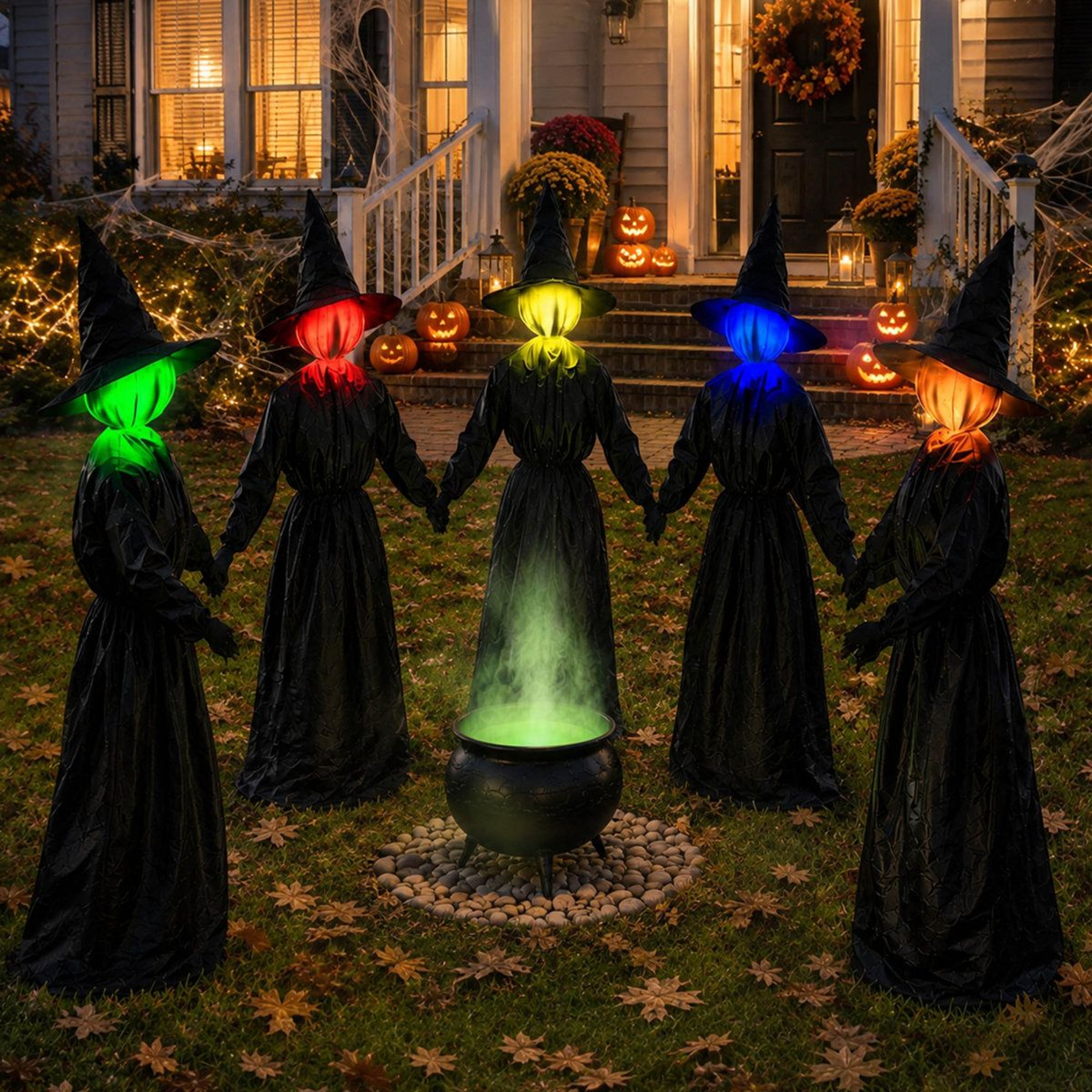 5 Pack Light Up Holding Hands Witch Halloween Yard Decorations With ColorChanging LED Faces 0