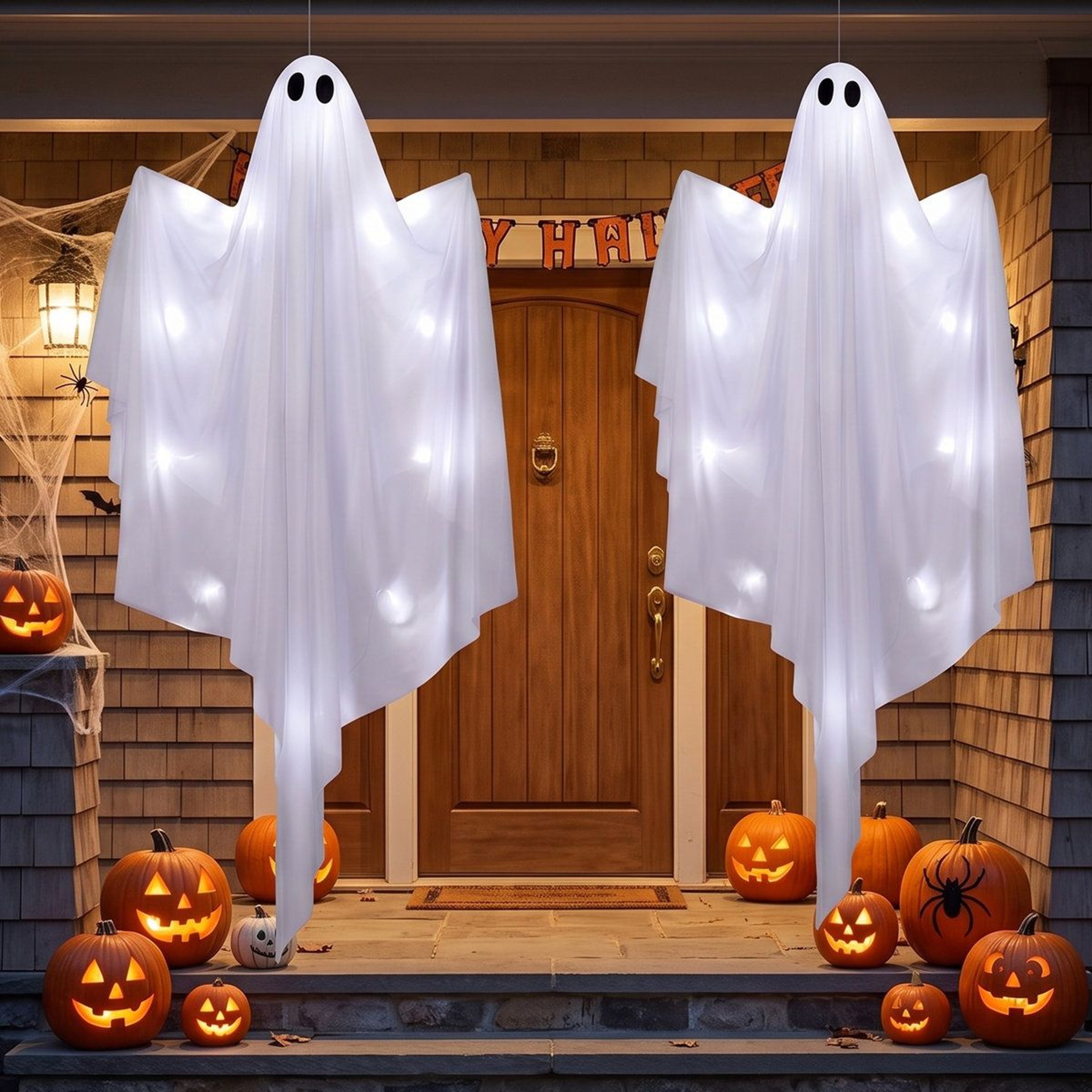 Set Of 2 Hanging Halloween Ghost Decorations With Cool White LED Lights And Timer 0