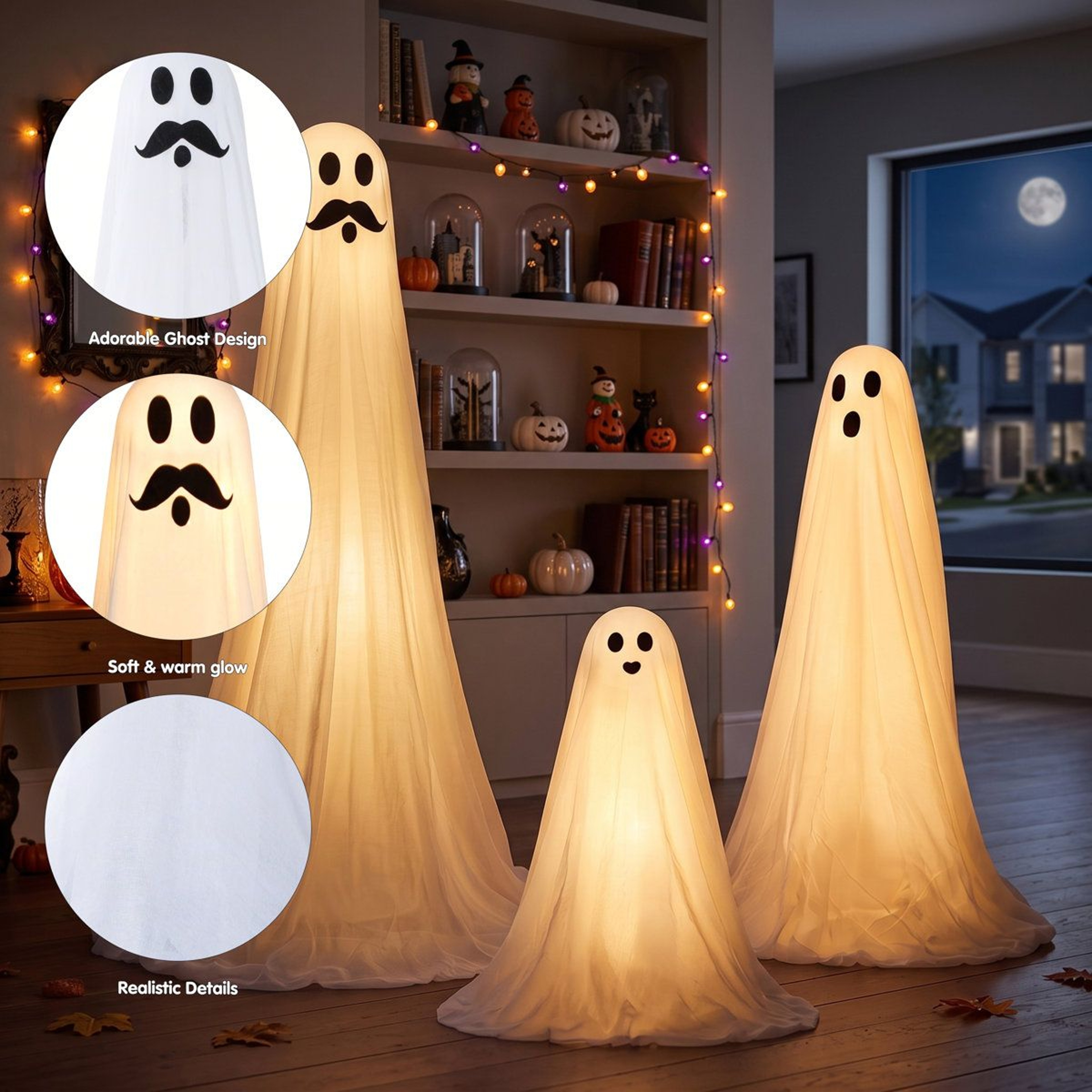 3 Piece Halloween Standing White Ghost Decorations With Warm White Lights 4