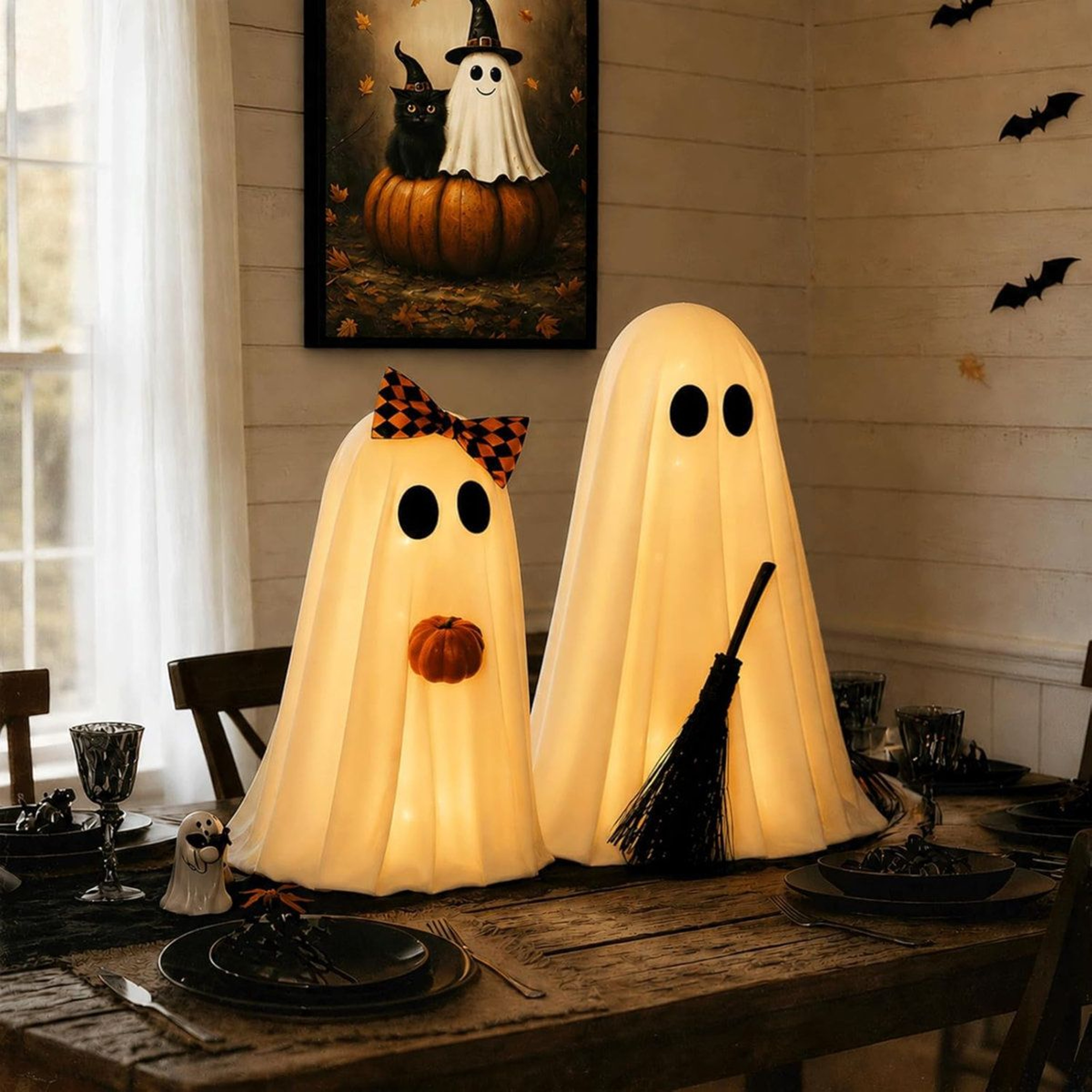 2 Pack Lighted Halloween Ghost Decorations With Warm White LED Lights And Pumpkins 0